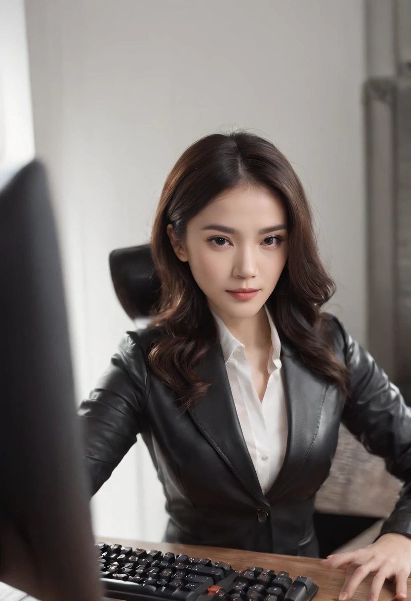 Wearing black leather gloves in both hands, upper body, black business suit, facing the desk in my room with a computer in the dark, tapping the keys of the computer keyboard with the fingertips of black leather gloves while looking at the screen, black hair bundled in the back for a long time, Japanese female new employee (black leather gloves cover both hands) (angle is in the front)