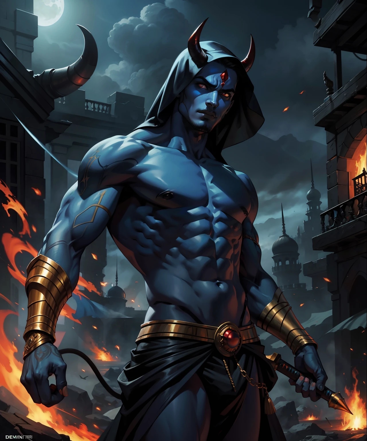 Arabian djinn preparing for War 10demons hyper realistic super detailed Dynamic shot master piece