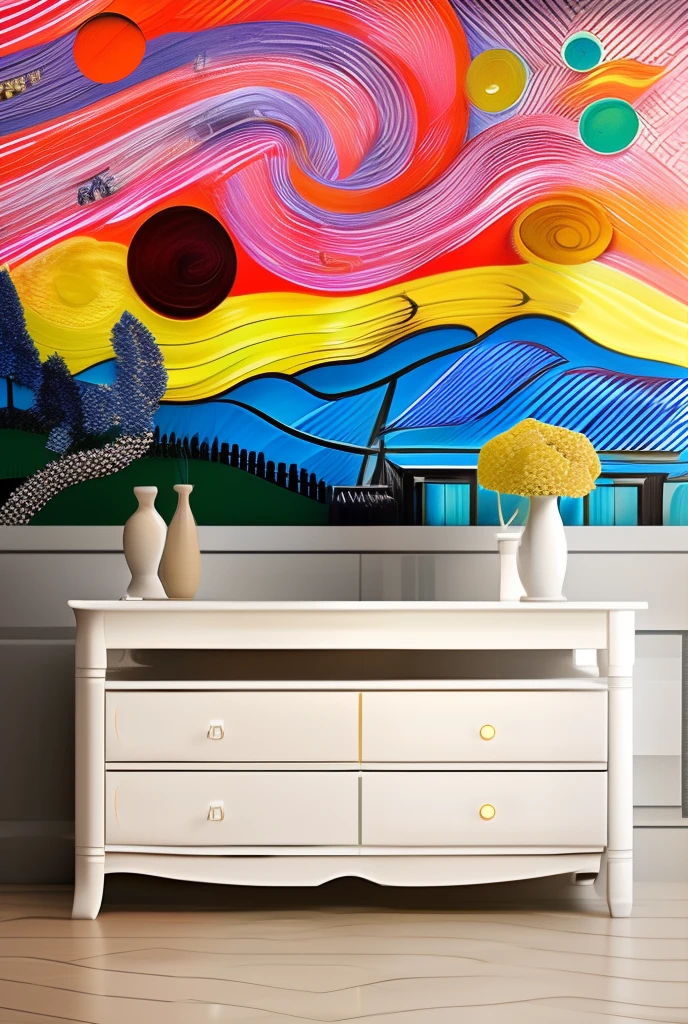 Photorealistic, [best quality], ceramic vase based on Vam Gogh paints, minimalist furniture in a fancy art gallery, 3D render, black wall, marble table