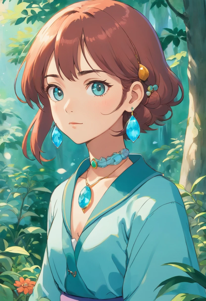 A girl wearing an anime collar, A long necklace and earrings, inthe style of tranquil gardenscapes, colorful animation stills, Masami Teraoka, aquamarine, Paul Gauguin, Amber style, Honest portrayal