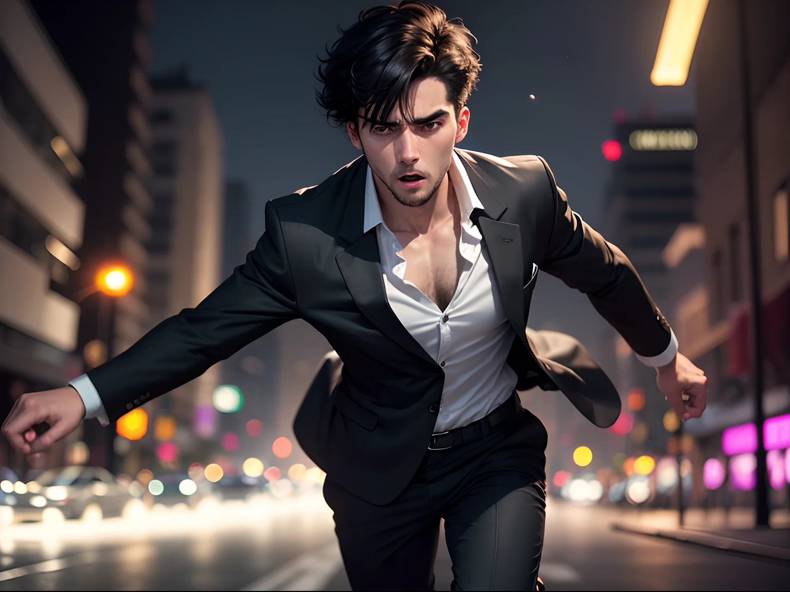 Realistic 8k image of a 25-year-old man, short black hair, wearing a black blazer with a white blouse underneath, expression of despair, running on an empty night street, night scene