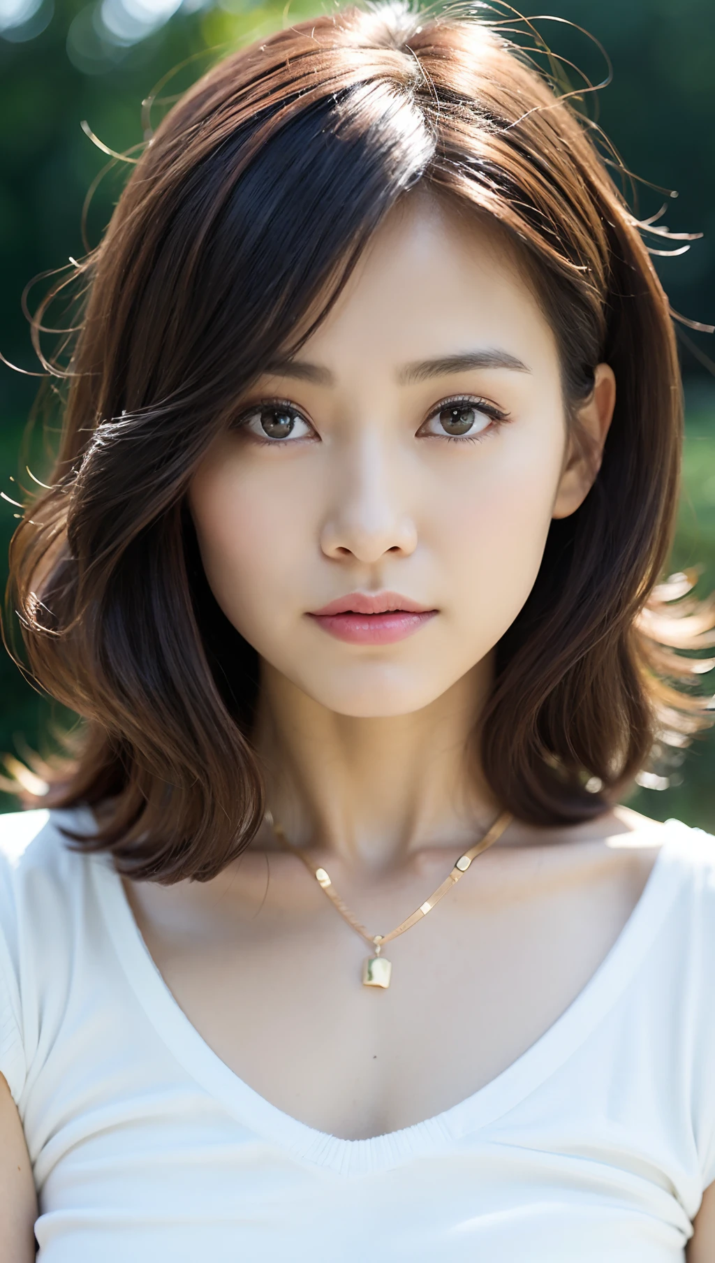 (top-quality、8K、32K、​masterpiece、nffsw:1.2)、Photo of a cute Japanese woman、small tits、tiny chest、Light brown hair、Middle hair、light brown hair、gradation hair、Curly hair、The upper part of the body、sface focus、Navy Blue V-Neck Knit、a necklace、simple background、From  above、looking at the viewers、Slimed、A slender、Model body type、very small breasts
