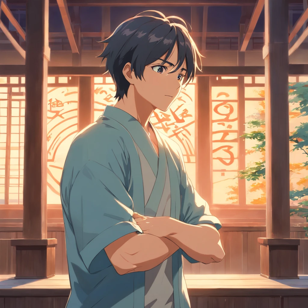 A middle-aged man with a penitentious appearance,He was clasping his hands together,With an excited look on his face。In the background is a rehabilitation center or temple,It shows that he is determined to quit the bad habits of the past,Renewed