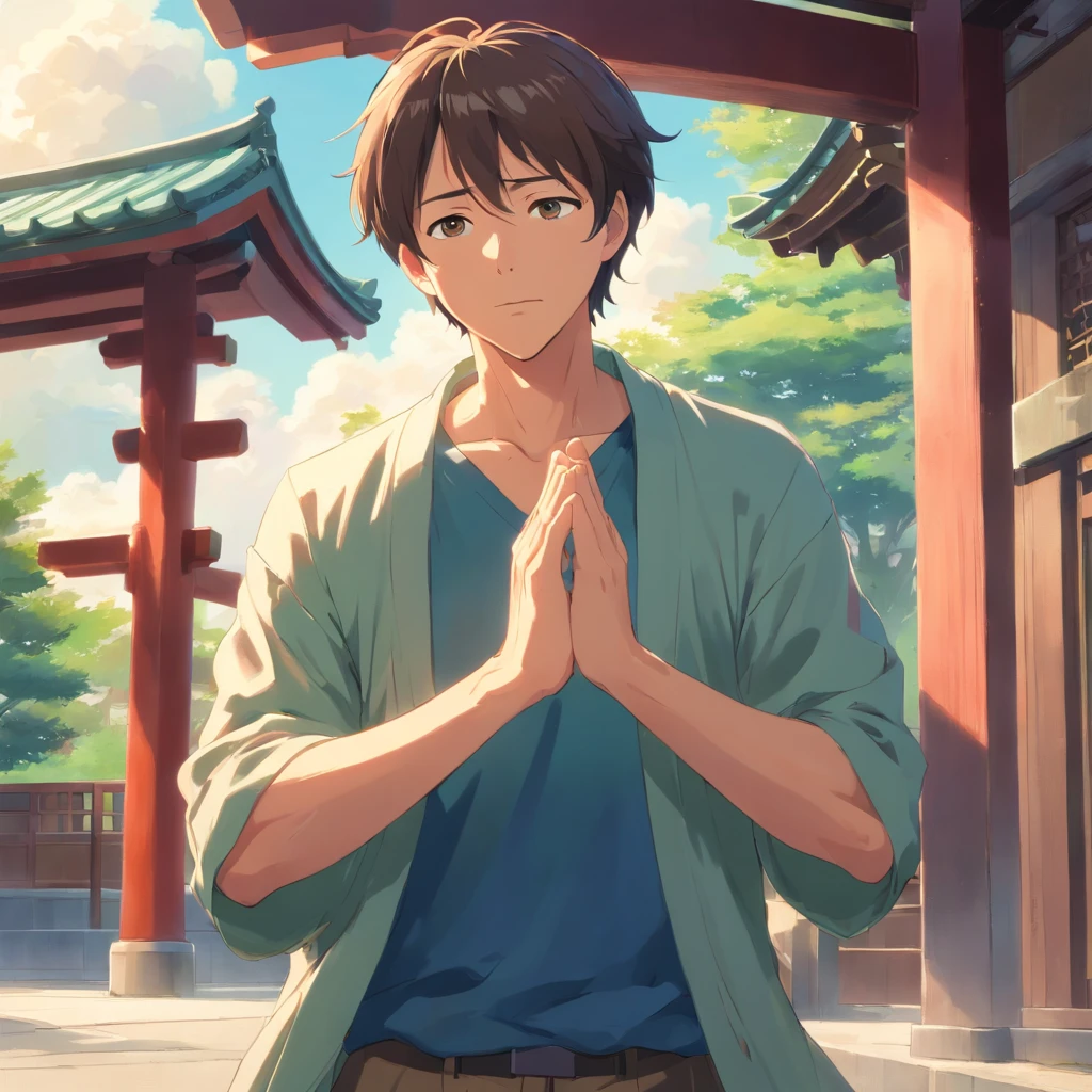 A middle-aged man with a penitentious appearance,He was clasping his hands together,With an excited look on his face。In the background is a rehabilitation center or temple,It shows that he is determined to quit the bad habits of the past,Renewed