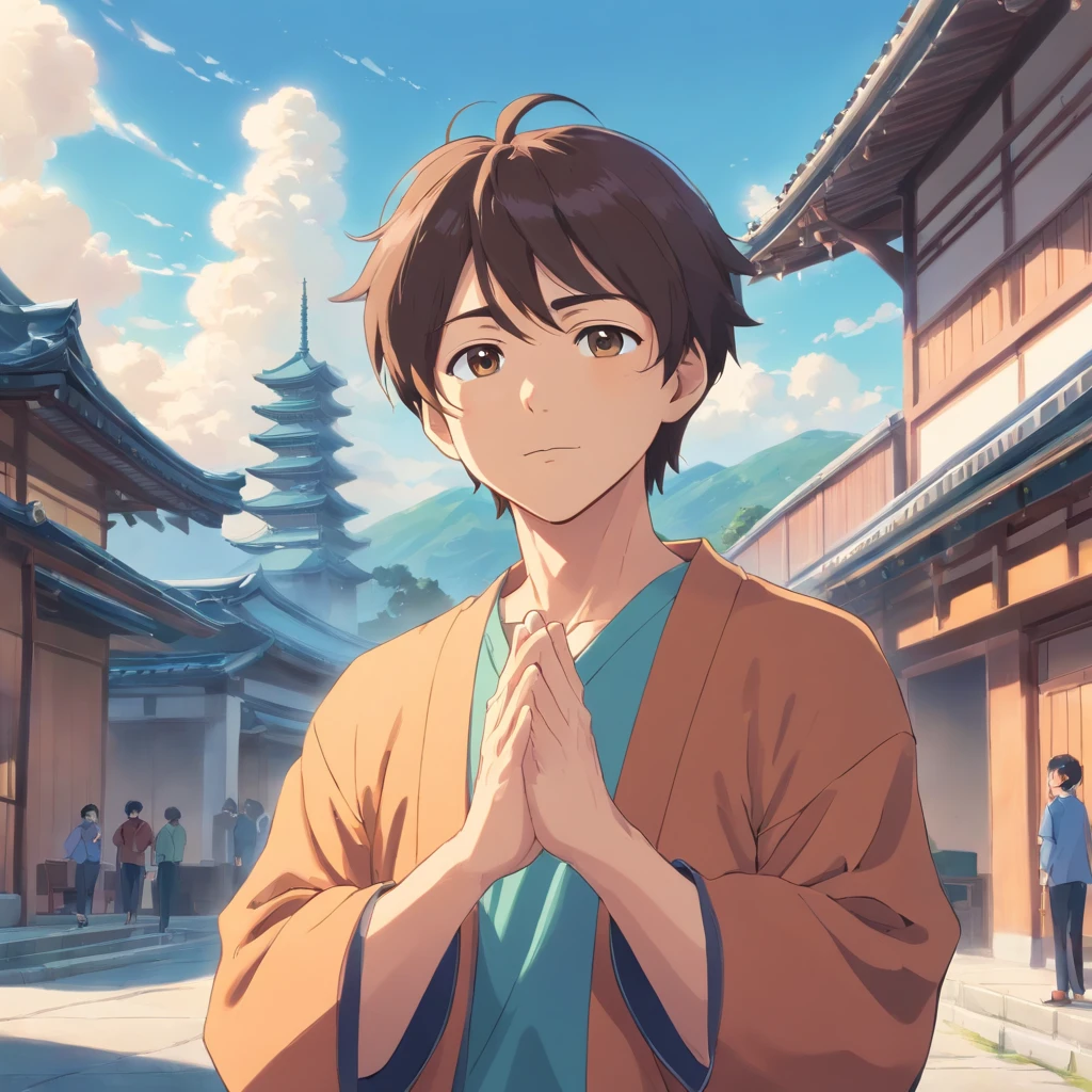 A middle-aged man with a penitentious appearance,He was clasping his hands together,With an excited look on his face。In the background is a rehabilitation center or temple,It shows that he is determined to quit the bad habits of the past,Renewed