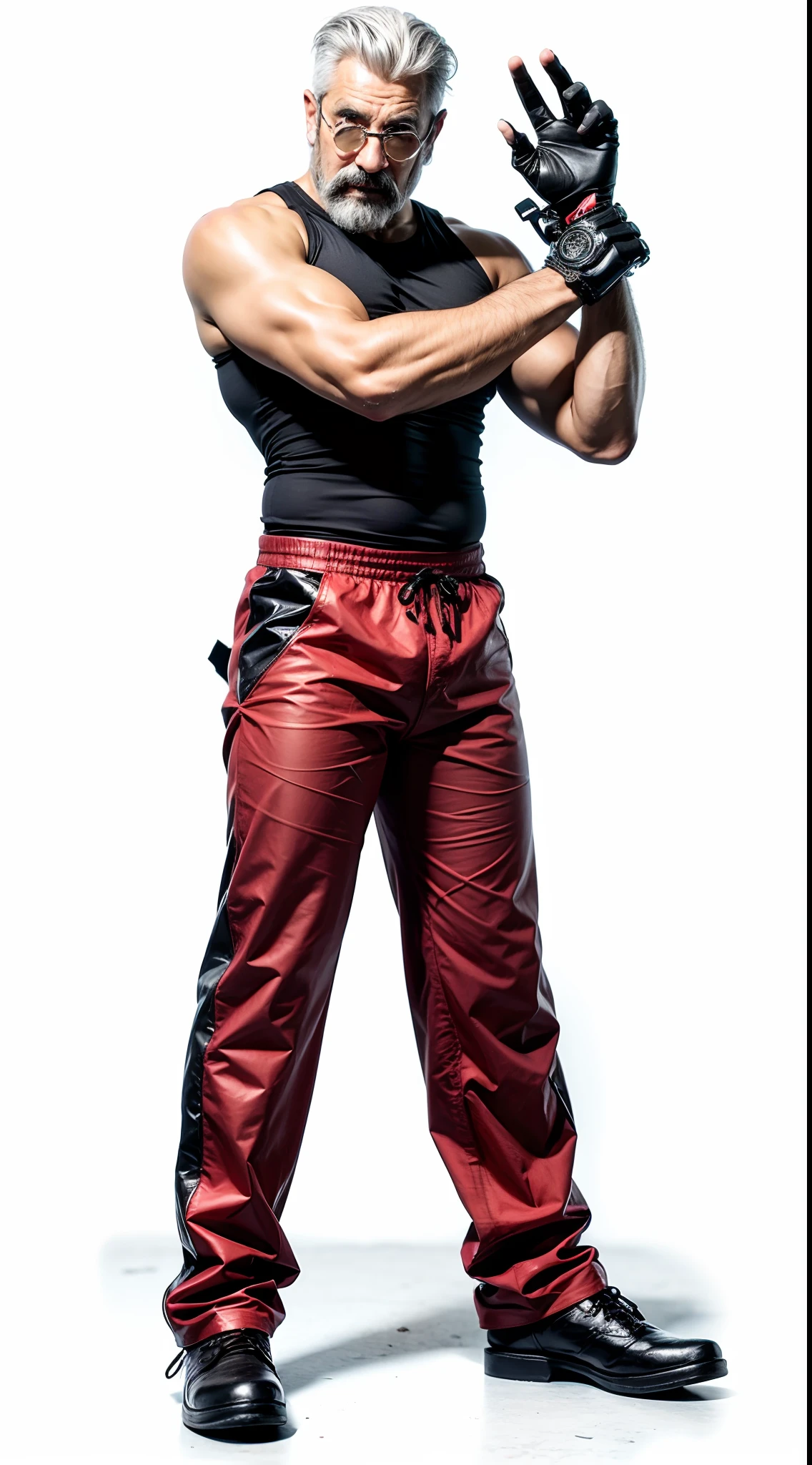 man, gray hair, black mustache, black tank top shirt, black glove, red pants, black shoe, ultra realistic image