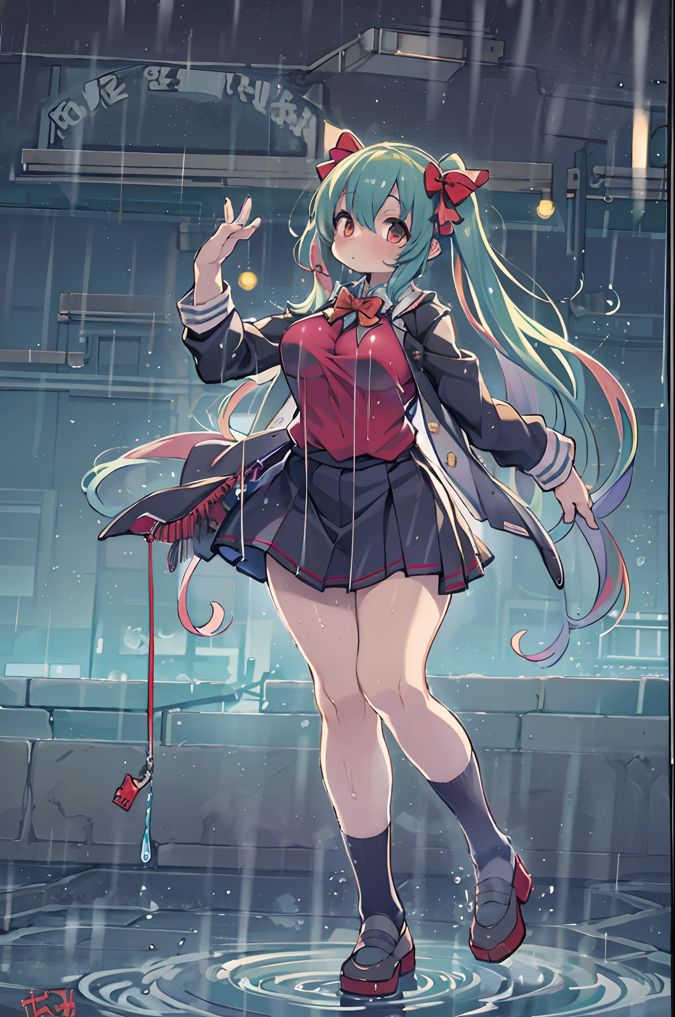 Best Quality, hight resolution, absurderes, Ultra-detailed, Suzuya_(kancolle), 1girl in, long_hair, Skirt, Solo, Shirt, Rain, Wet_Clothes, hair_ornament detached, Wet, breasts, Underwear, pleats_Skirt, See-through, bowtie, Red_Bow、bbw、thick thight、big butts、Ultramammy