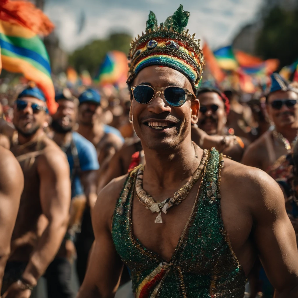 a vibrant and cinematic scene of a pride parade in the heart of a bustling city. Show a diverse group of proud and joyful men marching together, waving rainbow flags and wearing colorful outfits that celebrate LGBTQ+ pride. The streets should be lined with cheering male crowds, and the atmosphere should be one of unity, love, and inclusivity. Capture the spirit of the parade and the sense of community as the men proudly celebrate their identities, nude, large penis, erection, realistic, masterpiece, intricate details, detailed background, depth of field,