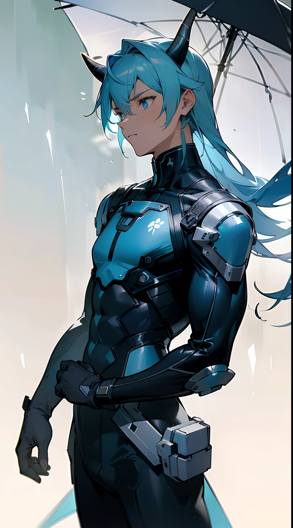 (masterpiece, best quality:1.3),beautiful detailed glow,best illuminate,(((best quality,textile shading,ultra detailed))),extremely detailed CG unity 8k wallpaper,Highly Detailed beautiful and aesthetic,best light,high resolution,detailed,dynamic lighting , mix of sword art online and futuristic style clothes , Raining , night time , Handsome man , mature man , long hair , blue hair , blue eye , ((muscular)) , ((masculine)), ((has gray horns:1)) ,