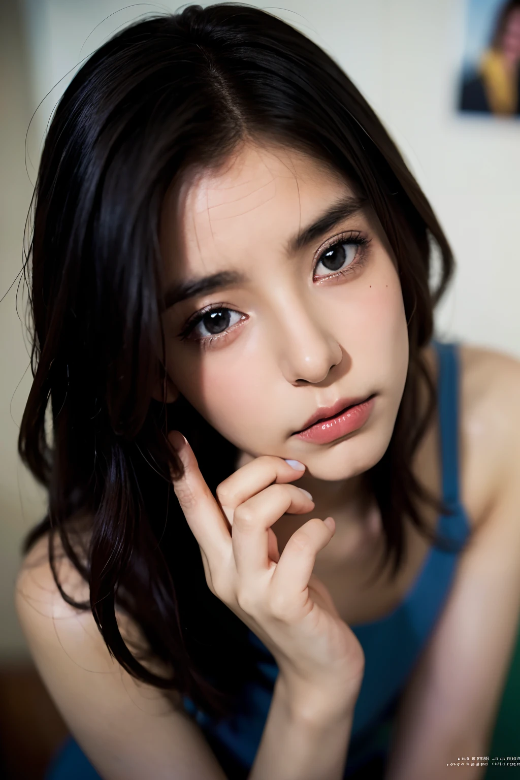 in a photo studio posing for pictures of magazines, in fashion, {upper body | close up}, sleepy eyes, drowsy eyes, dozy eyes, dull eyes, vacant look, blank look, empty look, glazed look,