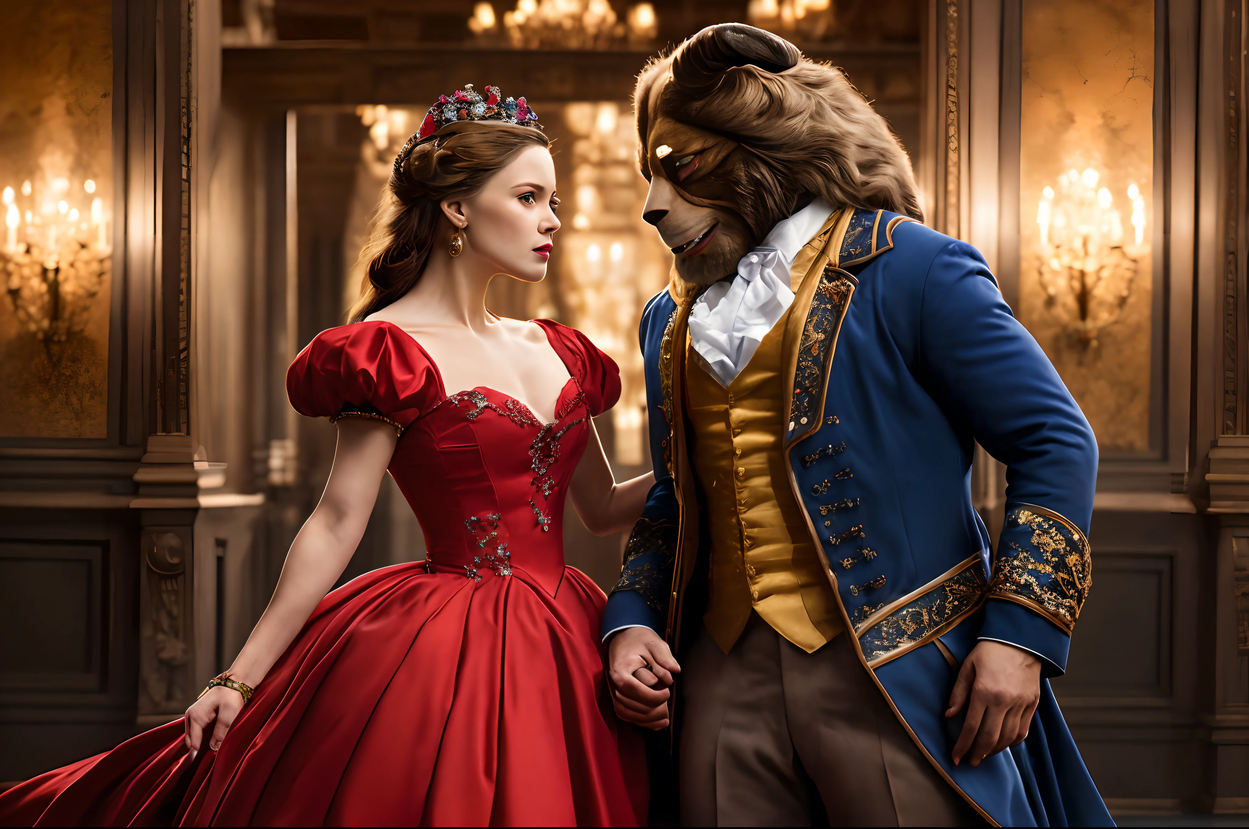 (best quality, 4k, 8k, high resolution, masterpiece: 1.2), ultra detailed, (realistic, photorealistic, photorealistic: 1.37), creative, (vibrant colors, rich colors: 1.2), music scene of a man and a woman in a dress and a man in a suit, (Beauty and the Beast: 1.42), beauty, award-winning costume design, award-winning photography image,