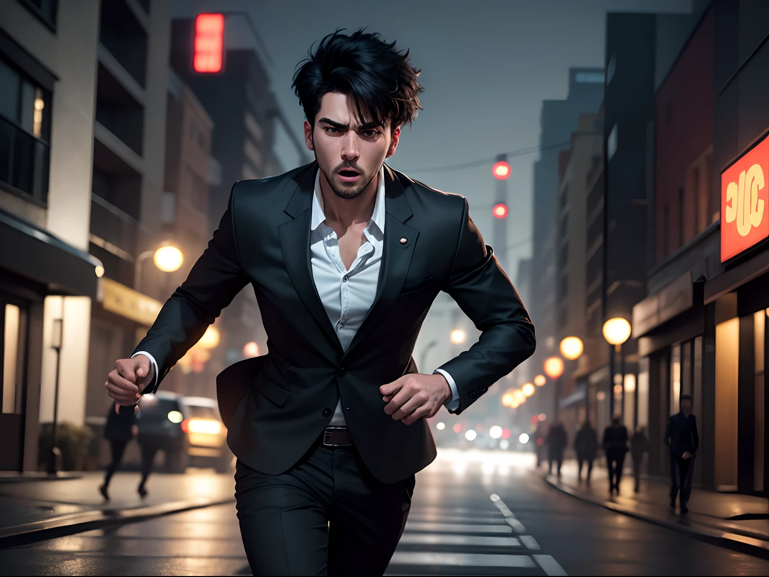 Realistic 8k image of a 25-year-old man, short black hair, wearing a black blazer with a white blouse underneath, expression of despair, running on an empty night street, night scene