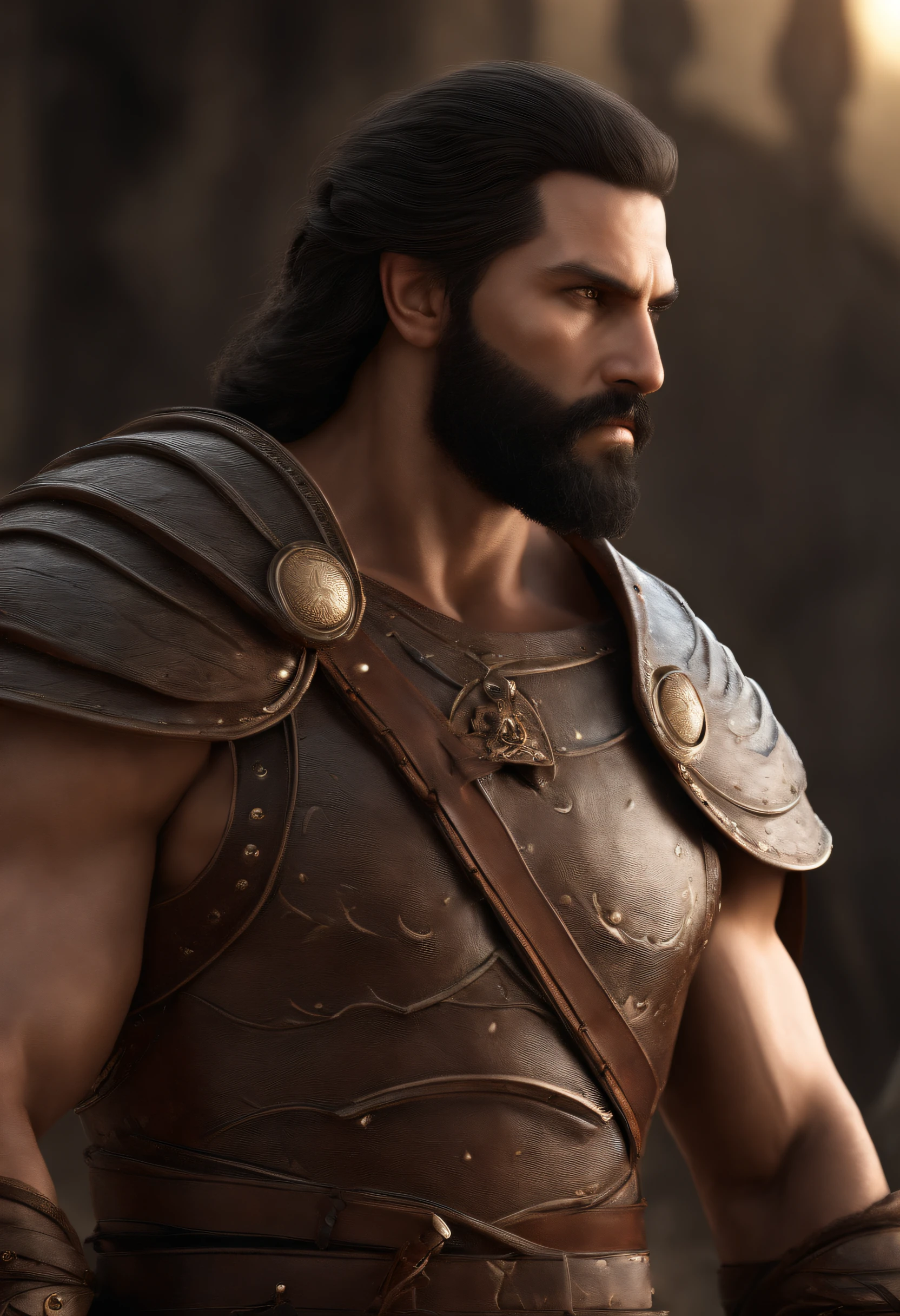 King Priam crying talking to Achilles, camp of warriors in the background