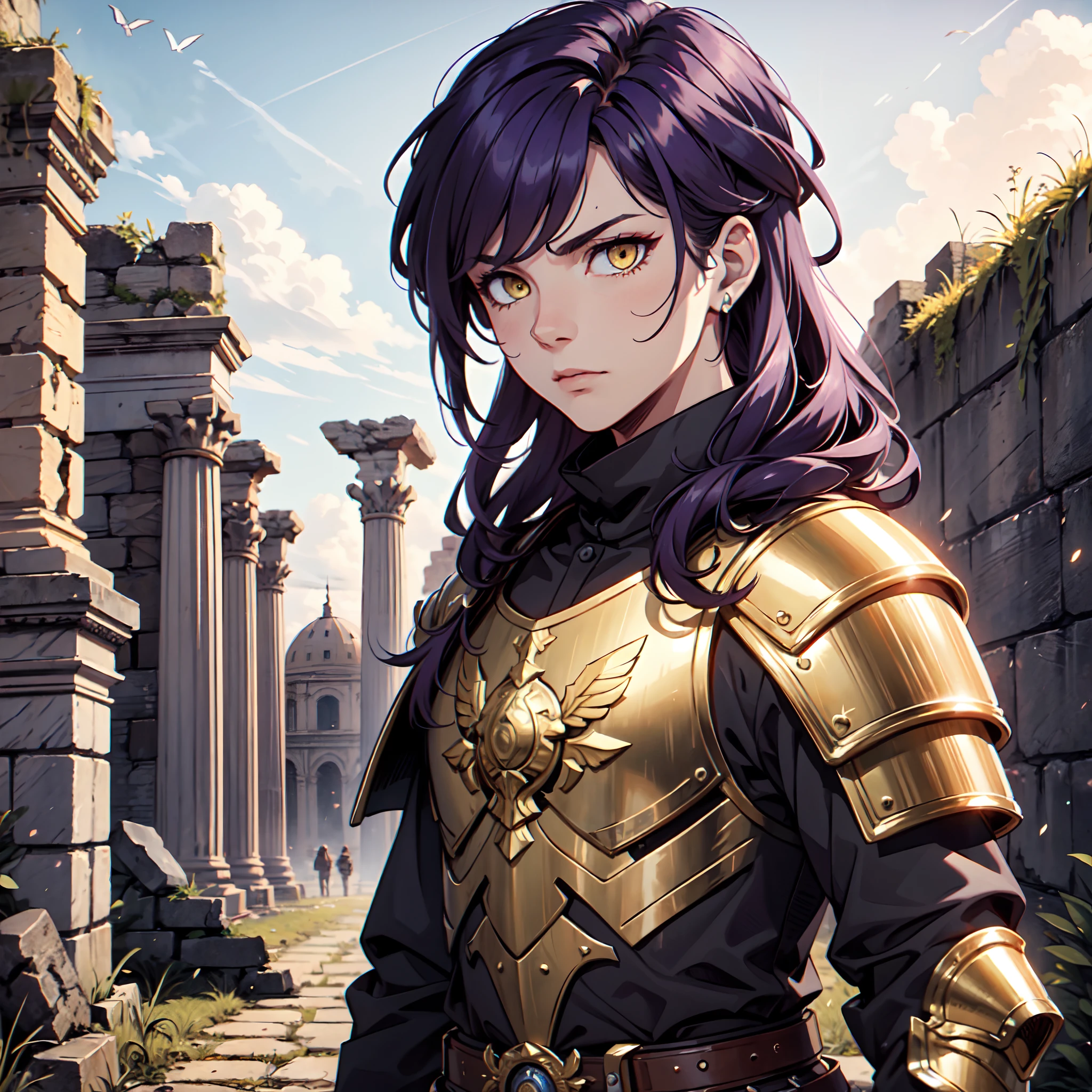 Ultra High Definition,
Ultra High Quality,
Hyper Definition,
Hyper Quality,
Hyper Detailed,
Extremely Detailed,
Perfectly Detailed,
8k,
1 Boy,
Long Purple Hair,
Under Cut Hairstyle,
Solid Yellow Eyes,
Handsome,
Armored With Roman Emperor Armor,
Ancient Roman Empire Ruins Background,