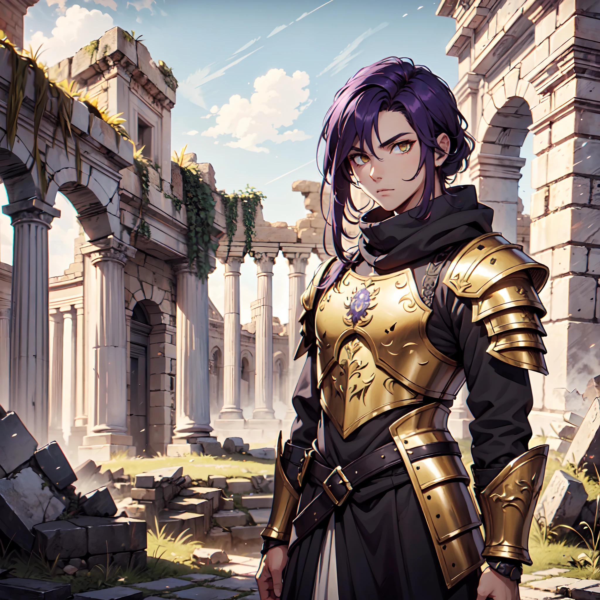 Ultra High Definition,
Ultra High Quality,
Hyper Definition,
Hyper Quality,
Hyper Detailed,
Extremely Detailed,
Perfectly Detailed,
8k,
1 Boy,
Long Purple Hair,
Under Cut Hairstyle,
Solid Yellow Eyes,
Handsome,
Armored With Roman Emperor Armor,
Ancient Roman Empire Ruins Background,