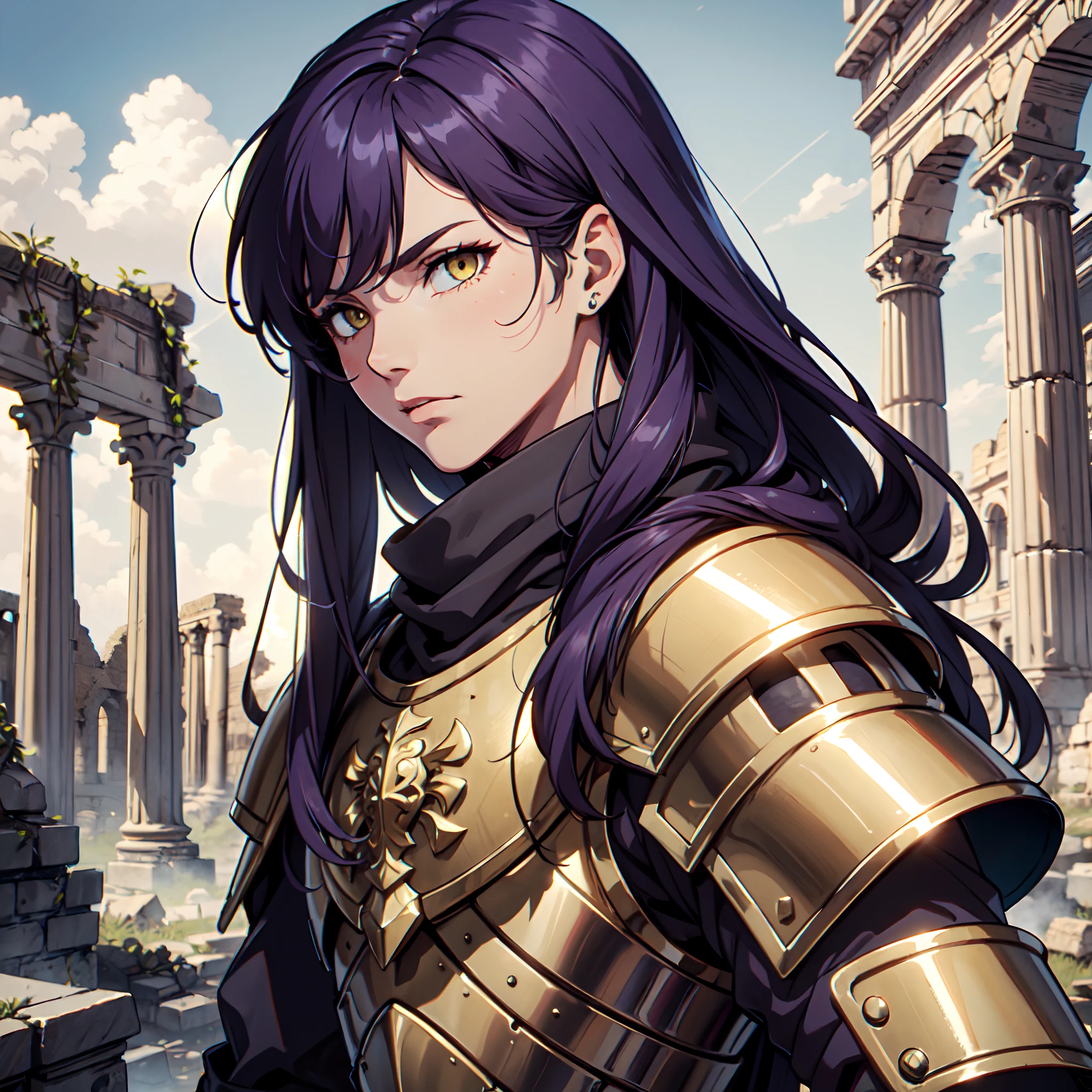 Ultra High Definition,
Ultra High Quality,
Hyper Definition,
Hyper Quality,
Hyper Detailed,
Extremely Detailed,
Perfectly Detailed,
8k,
1 Boy,
Long Purple Hair,
Under Cut Hairstyle,
Solid Yellow Eyes,
Handsome,
Armored With Roman Emperor Armor,
Ancient Roman Empire Ruins Background,