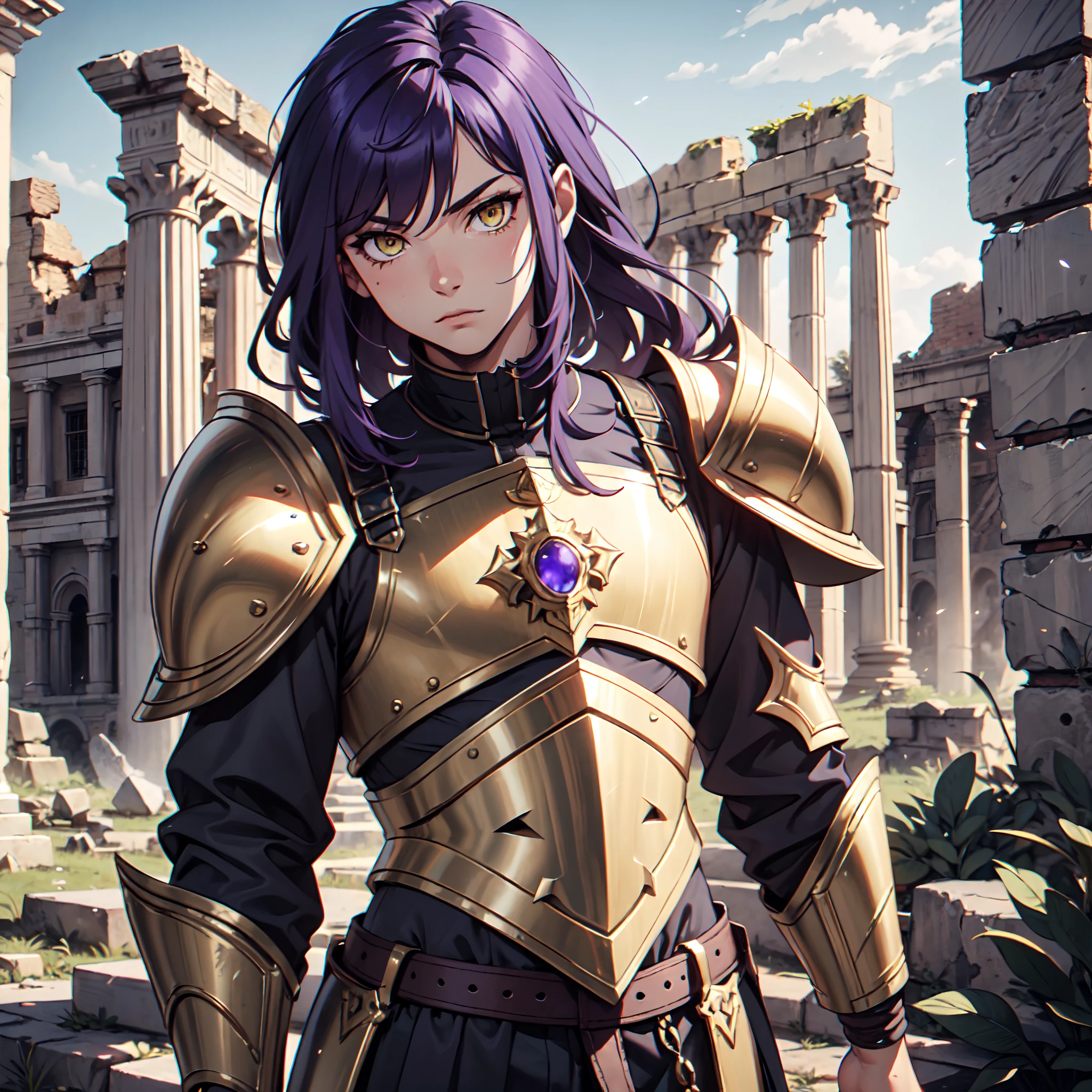 Ultra High Definition,
Ultra High Quality,
Hyper Definition,
Hyper Quality,
Hyper Detailed,
Extremely Detailed,
Perfectly Detailed,
8k,
1 Boy,
Long Purple Hair,
Under Cut Hairstyle,
Solid Yellow Eyes,
Handsome,
Armored With Roman Emperor Armor,
Ancient Roman Empire Ruins Background,