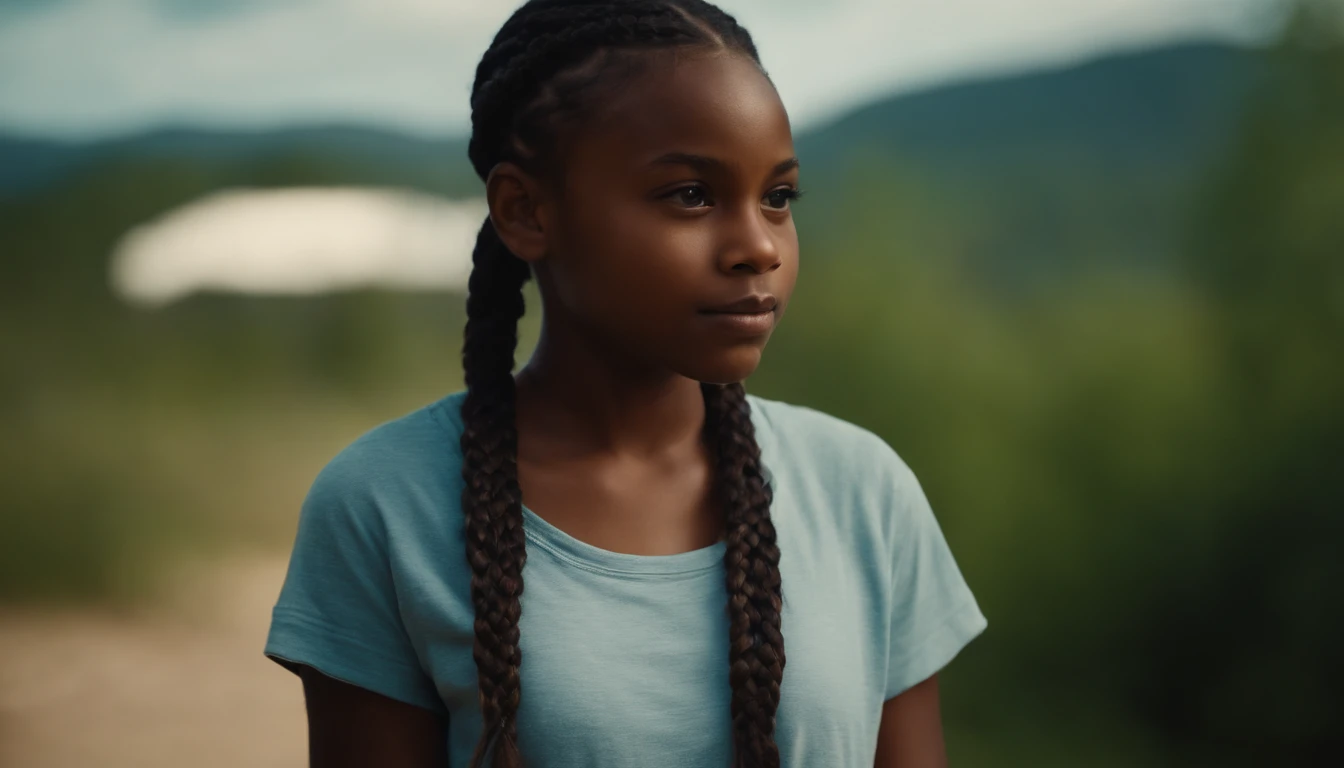 young black girl with side braided hair, blue eyes, small shorts and a t-shirt tied to the side