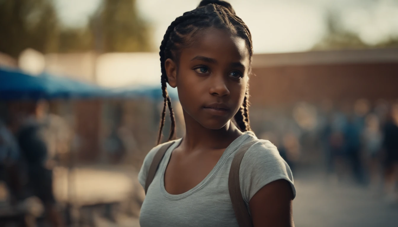 young black girl with side braided hair, blue eyes, small shorts and a t-shirt tied to the side