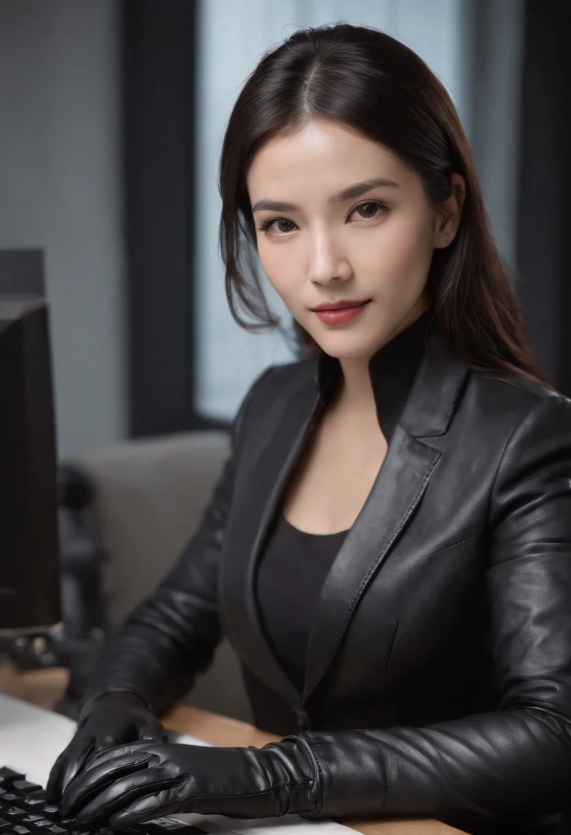 Wearing black leather gloves in both hands, upper body, black business suit, facing the desk in my room with a computer in the dark, tapping the keys of the computer keyboard with the fingertips of black leather gloves while looking at the screen, black hair bundled in the back for a long time, Japanese female new employee (black leather gloves cover both hands) (angle is in the front)