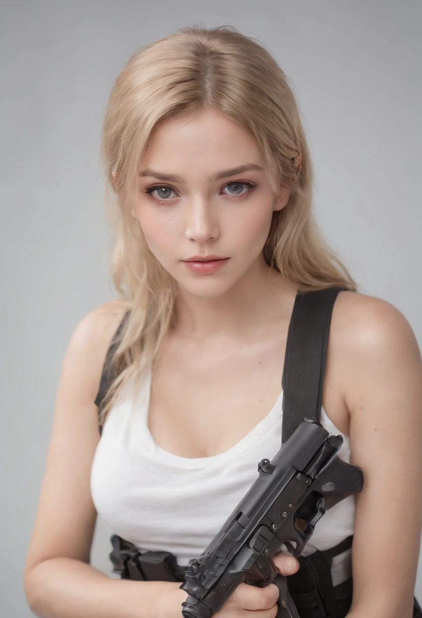 Best quality,masterpiece,ultra high res,(photorealistic:1.4)1girl,white background,solo,blood,arm guards,simple background,male focus,looking at viewer,black eyes,tabi,floating hairfull body,, (gun:1.3), holding gun, dirty blonde,,upper body,cargo shorts,sitting,