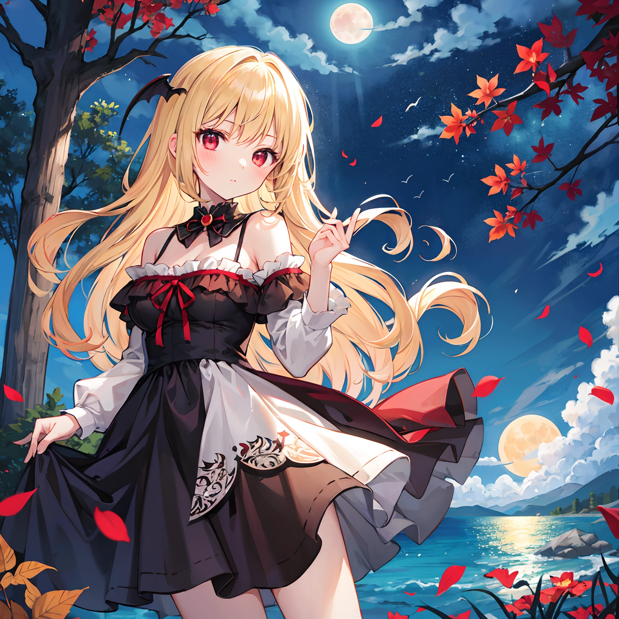 Wavy blonde、Vampire、red eyes、Beautiful girl alone、doress、a moon、Colored leaves