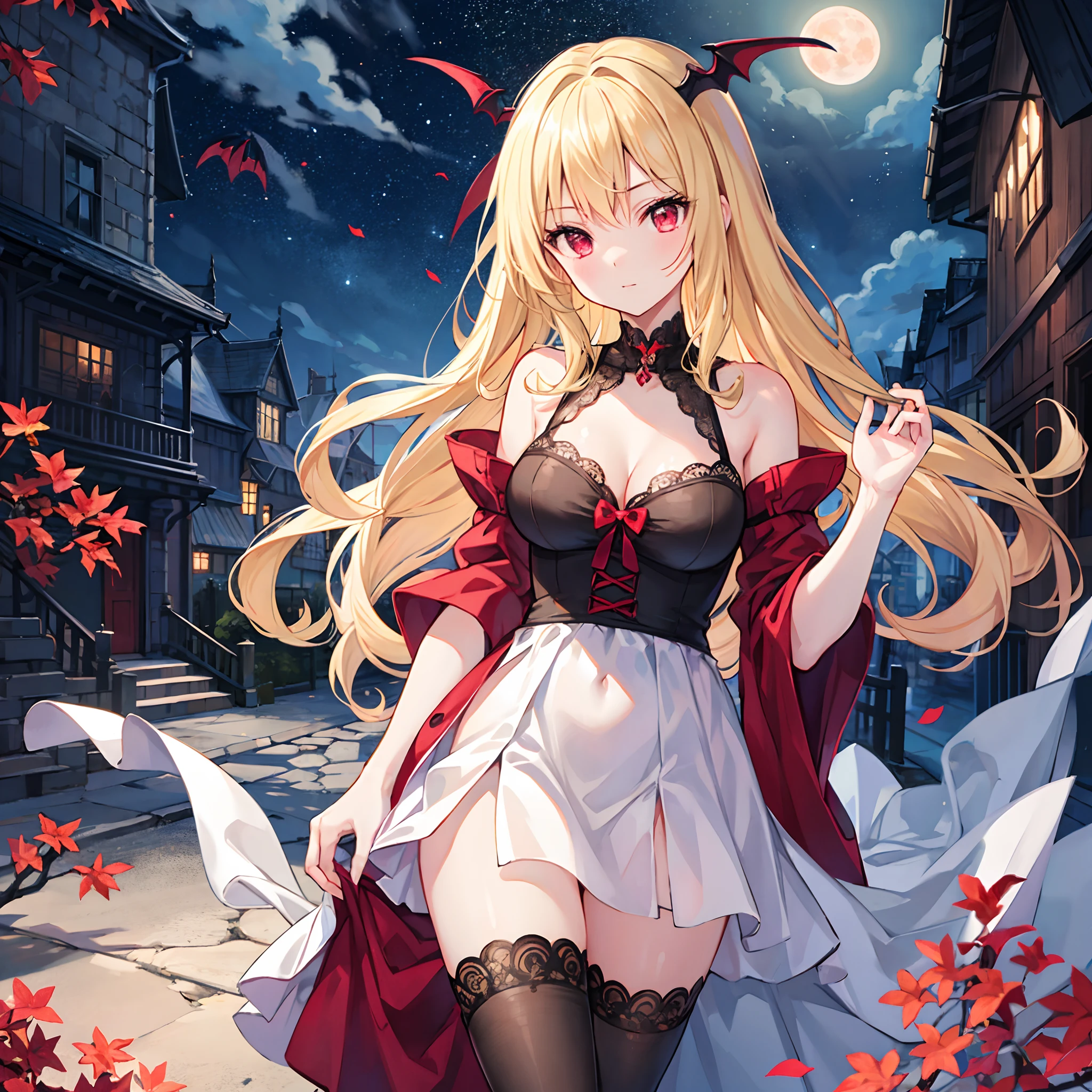 Wavy blonde、Vampire、red eyes、Beautiful girl alone、doress、a moon、Colored leaves