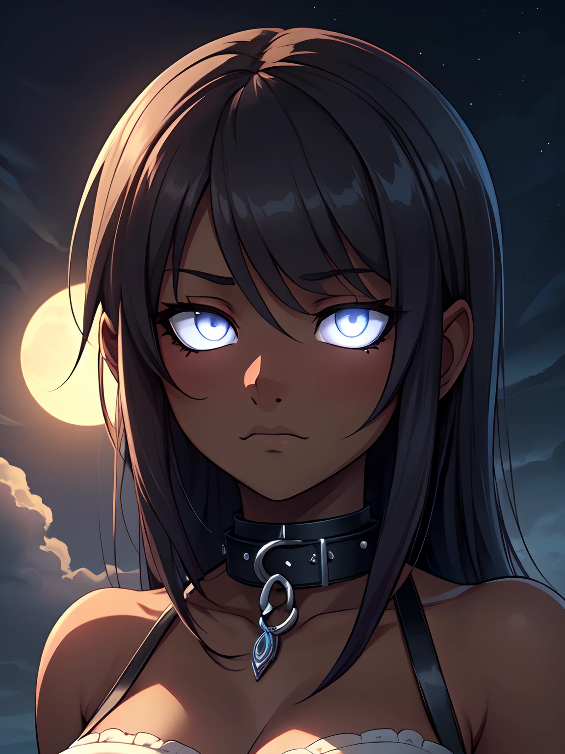 1 girl, (dark skin:1.2), shy, cute, cold expression, (8k, RAW photo, best quality, masterpiece:1.2) ultra-detailed, Super detailed, vivid colors, anime, unreal engine 5, studio lighting, portrait, full white eyes, blank eyes, Night clouds background, Aesthetic, romantic, Luna, wearing goth collar