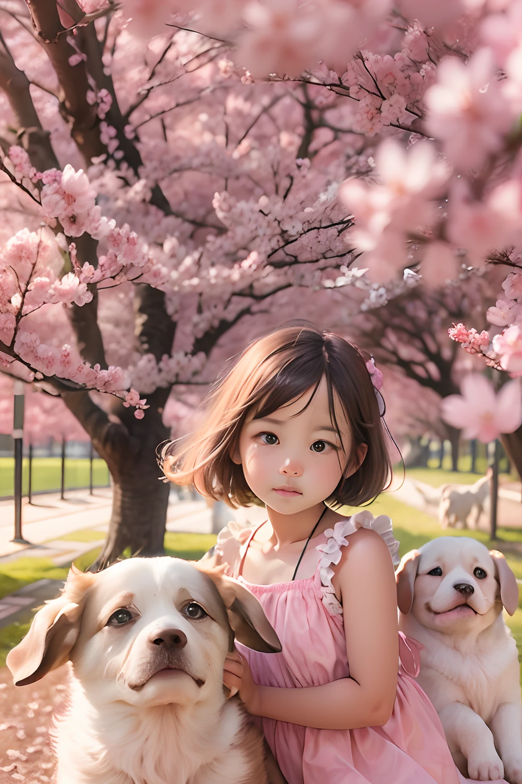 , and puppies, Face the lens, Under trees with cherry blossoms, k hd,
