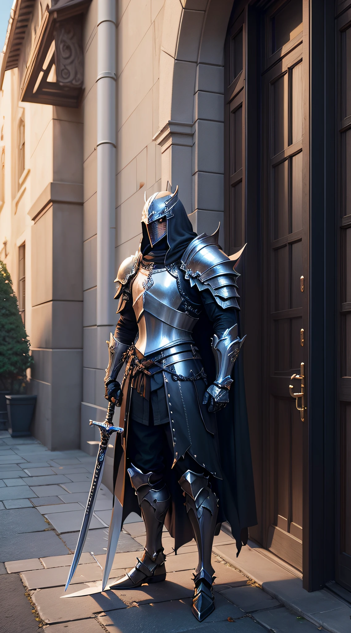 anime character with sword standing in front of a building, fallen knight, from arknights, gothic knight, evil knight, the style of wlop, fantasy knight, knight, royal emperor, dark souls knight, off-white plated armor, wearing heavy armor with cape, black heavy armor with gold trim, smooth anime cg art, artorias, glowing sword