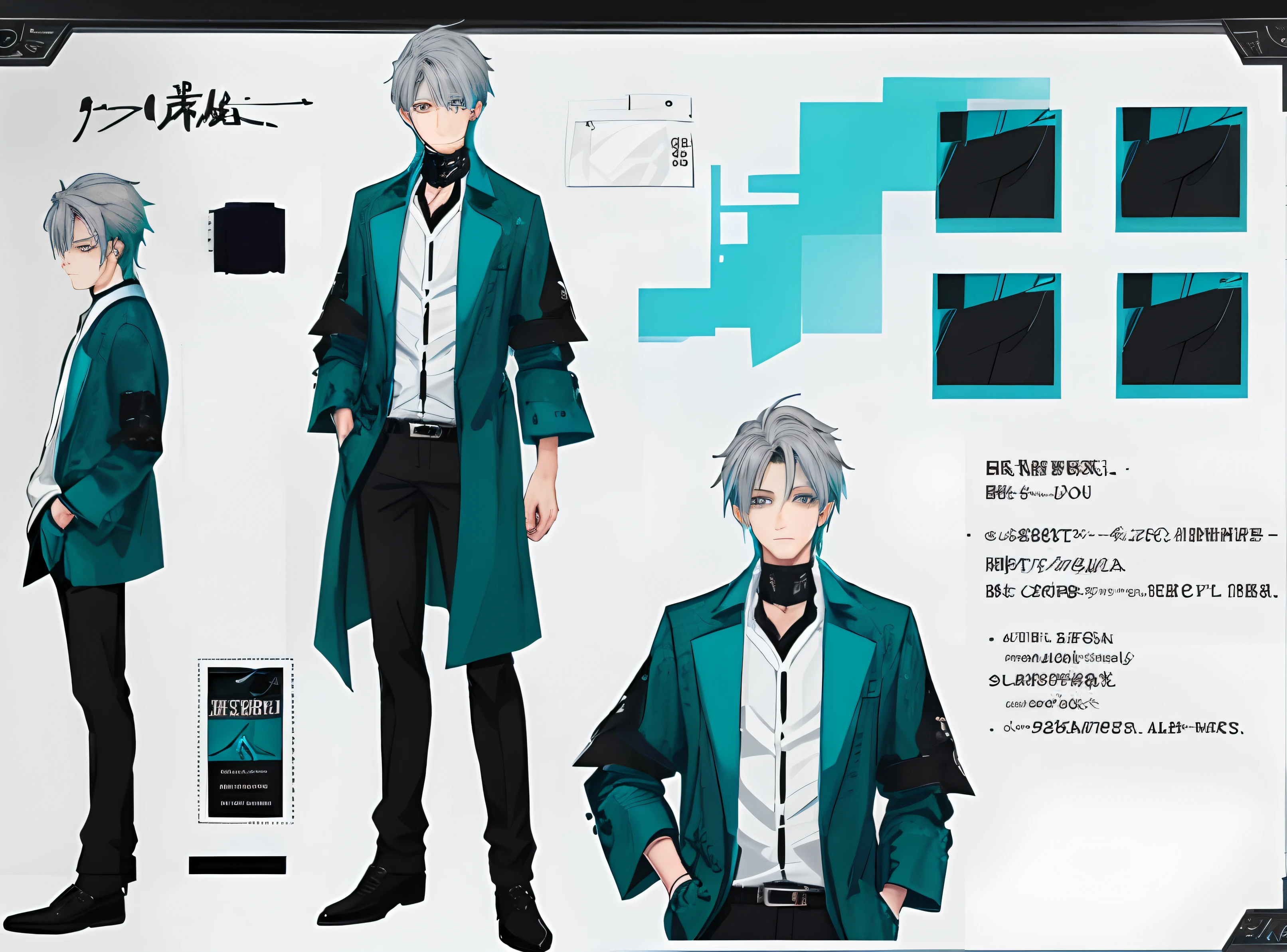 (best quality, highres, ultra-detailed), detailed character sheet, -yeld boith striking grey hair and vibrant turquoise eyes, wearing a stylish black and turquoise shirt, in a captivating anime style.just one character