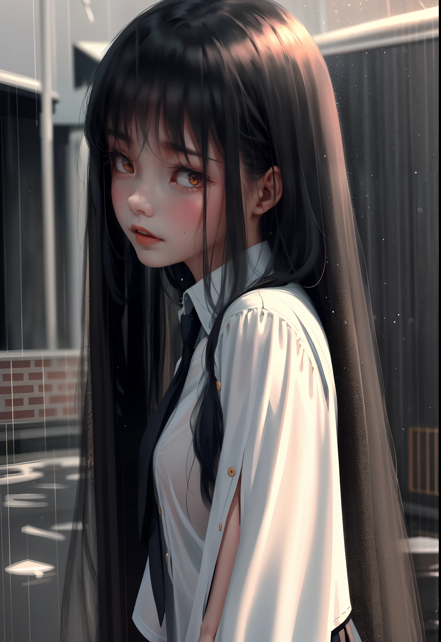 1girl, long black hair,schoolgirl uniform, shy, blush, wet, rain, transparent, (masterpiece, best quality), soft light, cinematic composition, cinematic light