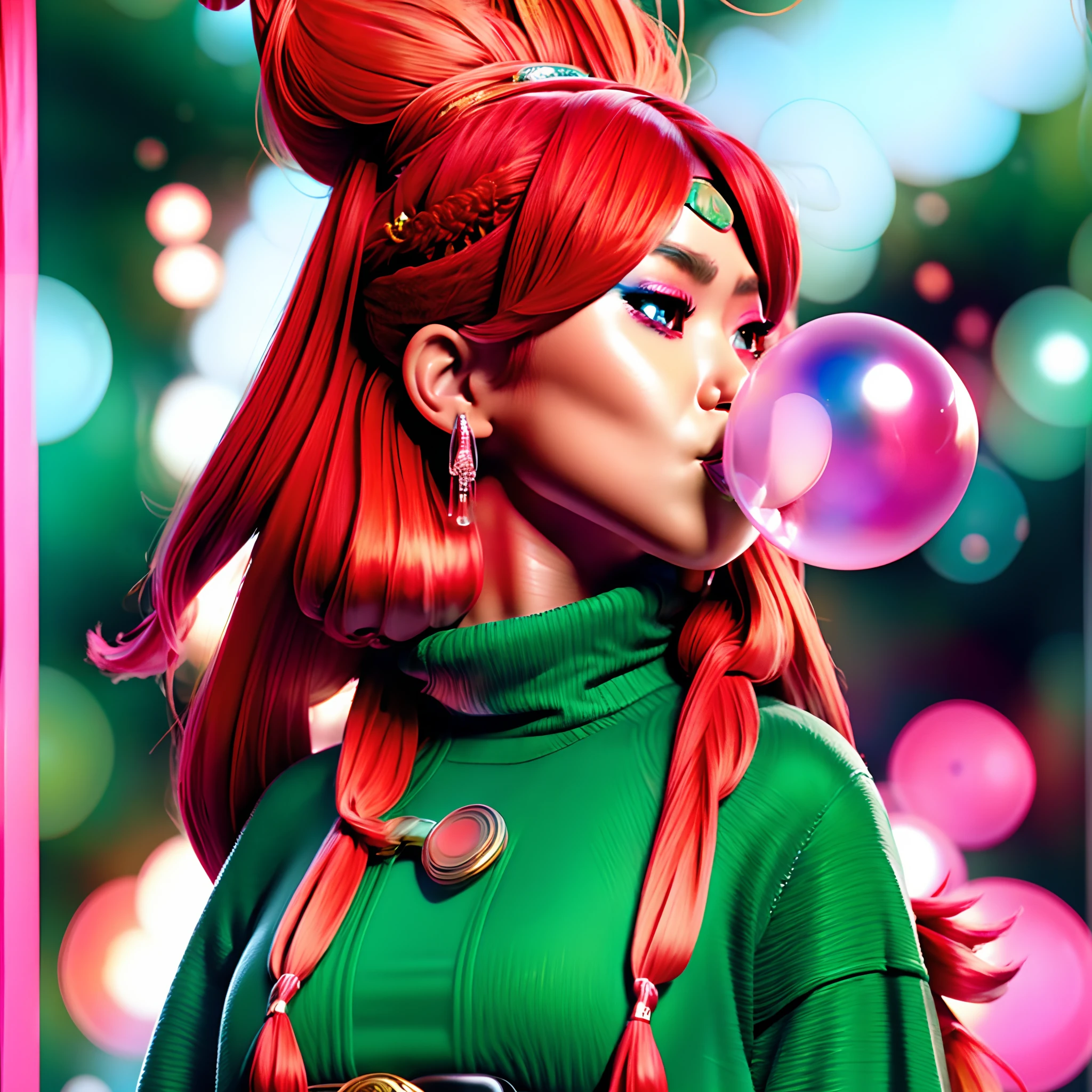 Yoko Matsugane, tall milf big breasted Japanese woman, extra long and thick blonde and ginger hair with elaborate braids, elaborate kimono, platform gitas, transparent rubber reflective balloon skin, trending on tumblr, pink angry bubble, trending on pexels, trending on flickr, huge bubbles, blowing big bubble gum from lips, wearing a green turtleneck sweater, headband, blue beats headphones, walking through forest neighborhood, sigma 35mm, sharp focus, masterpiece, 4k, 8k,☀️🔥🌌💎💯🔝, ruins cyberpunk futuristic Miami city background in winter with large explosions going off and a space age jet helicopter explodes in mid air.