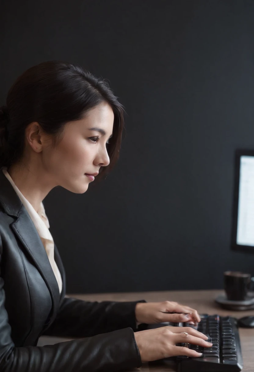 Wearing black leather gloves in both hands, upper body, black business suit, facing the desk in my room with a computer in the dark, tapping the keys of the computer keyboard with the fingertips of black leather gloves while looking at the screen, black hair bundled in the back for a long time, Japanese female new employee (black leather gloves cover both hands) (angle is in the front)