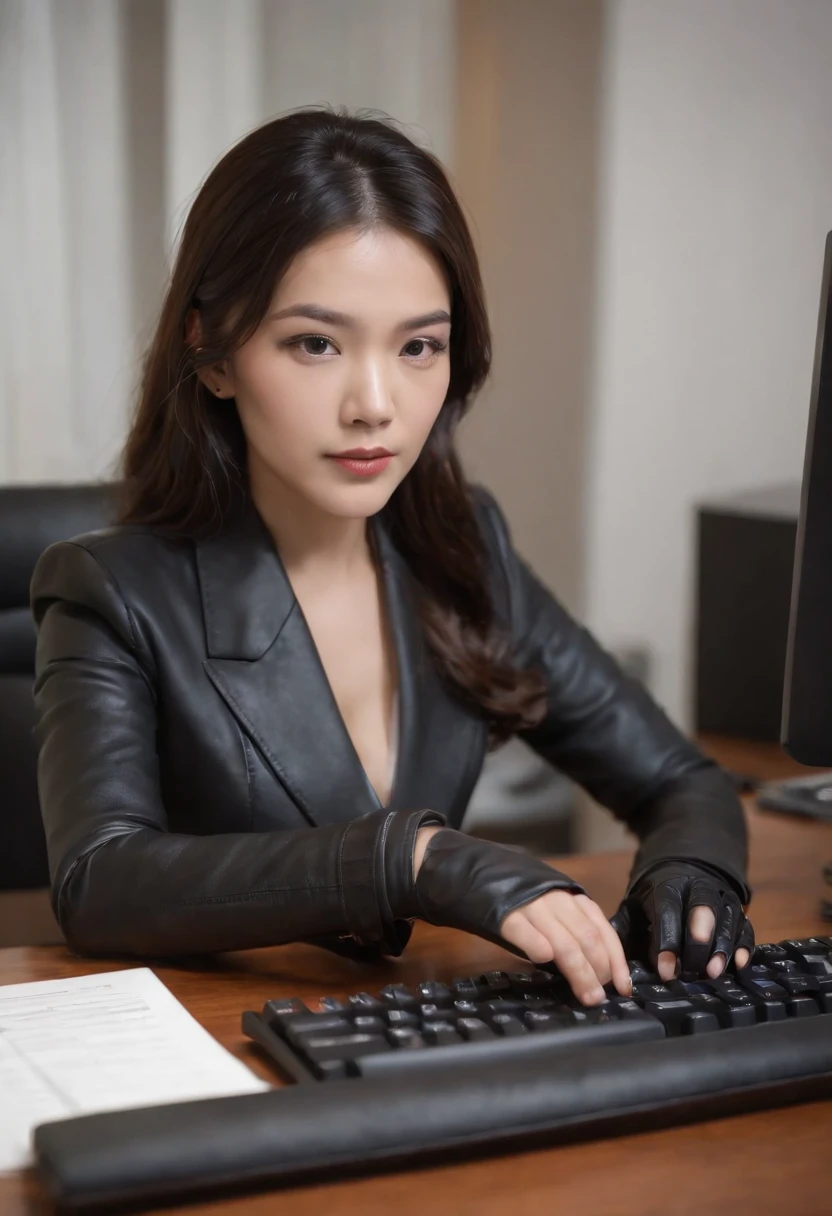 Wearing black leather gloves in both hands, upper body, black business suit, facing the desk in my room with a computer in the dark, tapping the keys of the computer keyboard with the fingertips of black leather gloves while looking at the screen, black hair bundled in the back for a long time, Japanese female new employee (black leather gloves cover both hands) (angle is in the front)