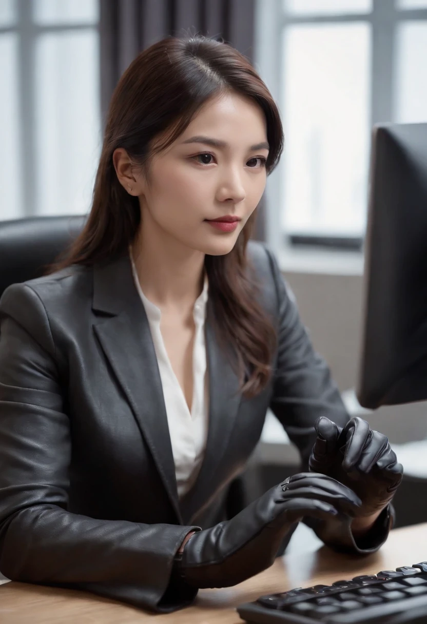 Wearing black leather gloves in both hands, upper body, black business suit, facing the desk in my room with a computer in the dark, tapping the keys of the computer keyboard with the fingertips of black leather gloves while looking at the screen, black hair bundled in the back for a long time, Japanese female new employee (black leather gloves cover both hands) (angle is in the front)