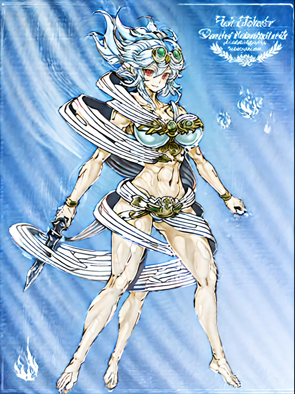 arafed image of a female character with a sword and a cape, skinny female fantasy alchemist, fey, complex fantasy character, cory chase as an atlantean, silvery skinned male elf, sexy pudica pose gesture, lady palutena, sfw version, pixiv contest winner, fantasy character, blue-skinned elf, fus rei, palutena, smile, red eyes, full body