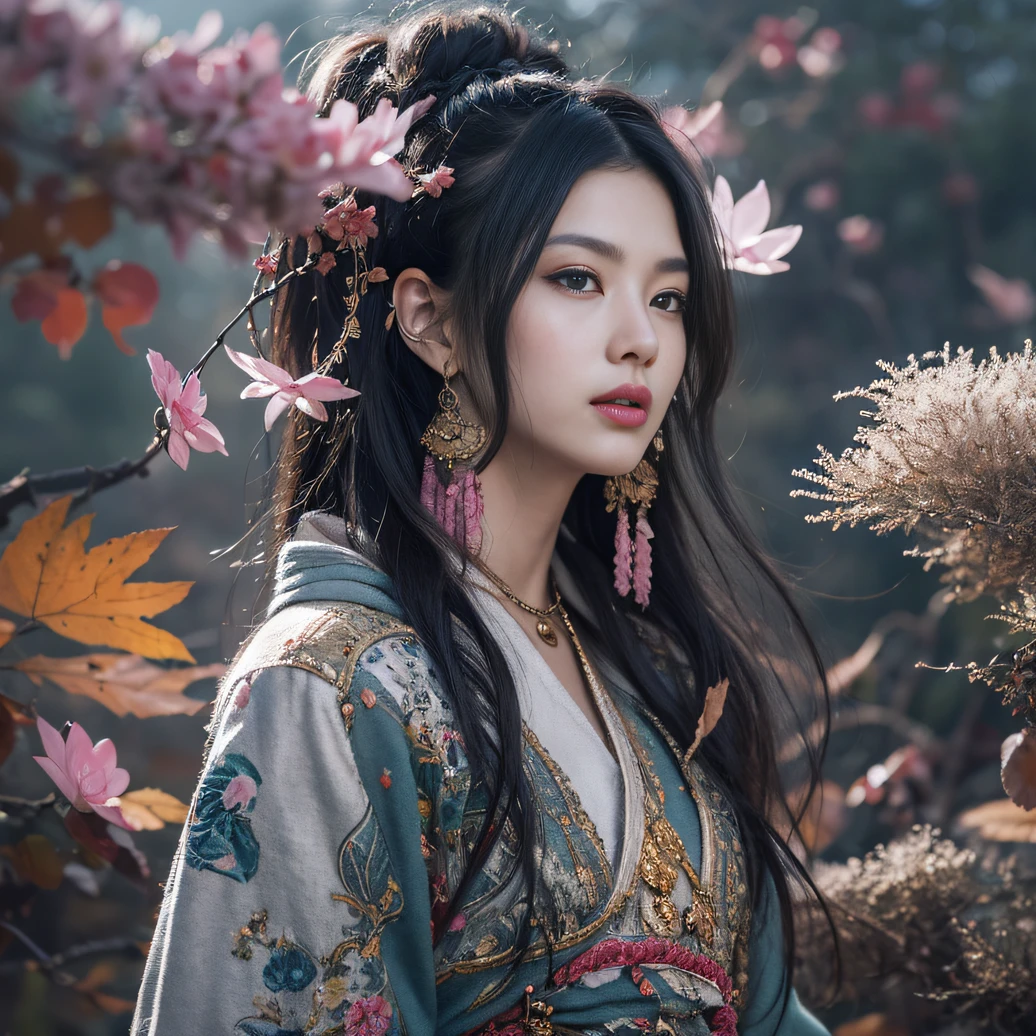 32K(tmasterpiece,k hd,hyper HD,32K)Long flowing black hair,ponds,zydink, a color, Aozhou people (Concubine girl), (Purple silk scarf), Combat posture, looking at the ground, long whitr hair, Floating hair, Carp pattern headdress, Chinese long-sleeved clothing, (Abstract gouache splash:1.2), Pink petal background,Pink and white lotus flowers fly(realisticlying:1.4),Black color hair,Fallen leaves flutter,The background is pure, A high resolution, the detail, RAW photogr, Sharp Re, Nikon D850 Film Stock Photo by Jefferies Lee 4 Kodak Portra 400 Camera F1.6 shots, Rich colors, ultra-realistic vivid textures, Dramatic lighting, Unreal Engine Art Station Trend, cinestir 800,Long flowing black hair,Denim skirt
