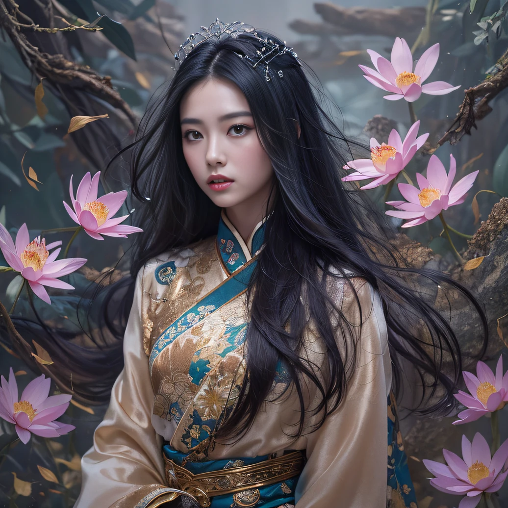 32K（tmasterpiece，k hd，hyper HD，32K）Long flowing black hair，ponds，zydink， a color， Aozhou people （Concubine girl）， （Purple silk scarf）， Combat posture， looking at the ground， long whitr hair， Floating hair， Carp pattern headdress， Chinese long-sleeved clothing， （Abstract gouache splash：1.2）， Pink petal background，Pink and white lotus flowers fly（realisticlying：1.4），Black color hair，Fallen leaves flutter，The background is pure， A high resolution， the detail， RAW photogr， Sharp Re， Nikon D850 Film Stock Photo by Jefferies Lee 4 Kodak Portra 400 Camera F1.6 shots, Rich colors, ultra-realistic vivid textures, Dramatic lighting, Unreal Engine Art Station Trend, cinestir 800，Long flowing black hair，Denim skirt