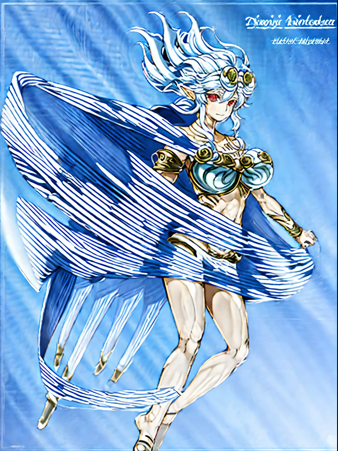 arafed image of a female character with a sword and a cape, skinny female fantasy alchemist, fey, complex fantasy character, cory chase as an atlantean, silvery skinned male elf, sexy pudica pose gesture, lady palutena, sfw version, pixiv contest winner, fantasy character, blue-skinned elf, fus rei, palutena, smile, red eyes, full body, blue hair