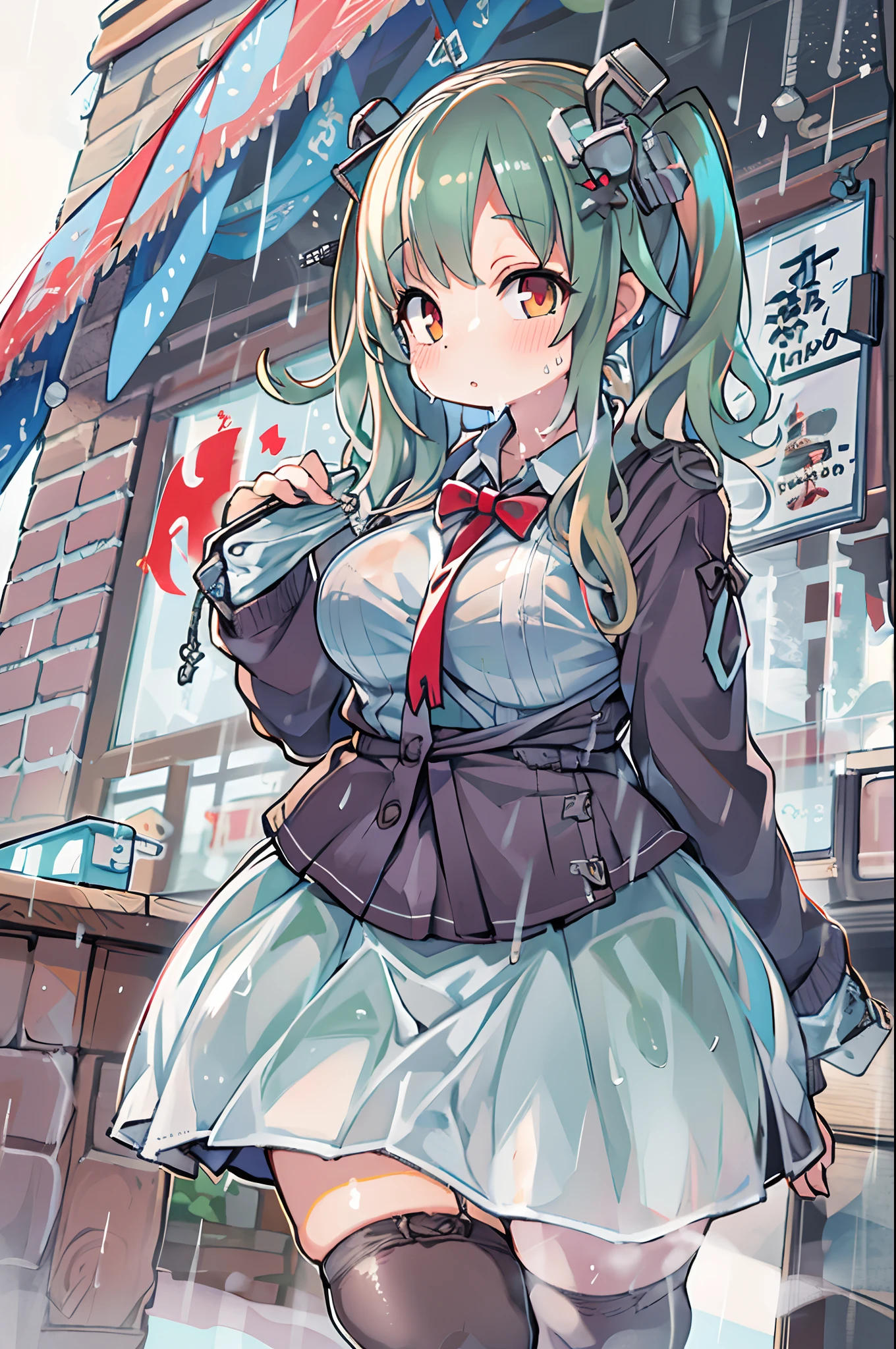 Best Quality, hight resolution, absurderes, Ultra-detailed, Suzuya_(kancolle), 1girl in, long_hair, Skirt, Solo, Shirt, Rain, Wet_Clothes, hair_ornament detached, Wet, breasts, Underwear, pleats_Skirt, See-through, bowtie, Red_Bow、bbw、thick thight、big butts、Ultramammy