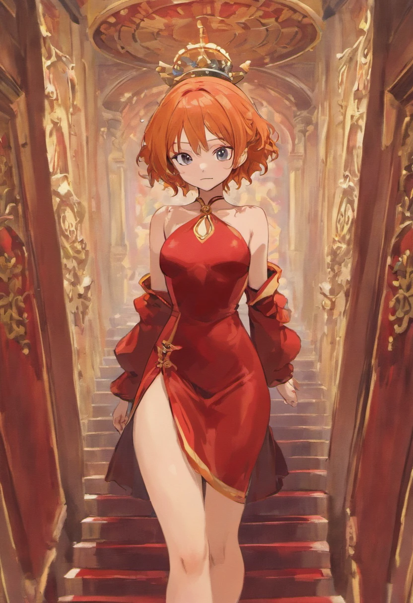 Nami from One Piece wearing red velvet bodycon dress, in a room full of paintings, masterpiece, perfect anatomy, smooth art, detailed cg