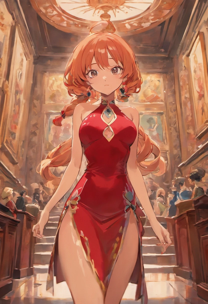 Nami from One Piece wearing red velvet bodycon dress, in a room full of paintings, masterpiece, perfect anatomy, smooth art, detailed cg