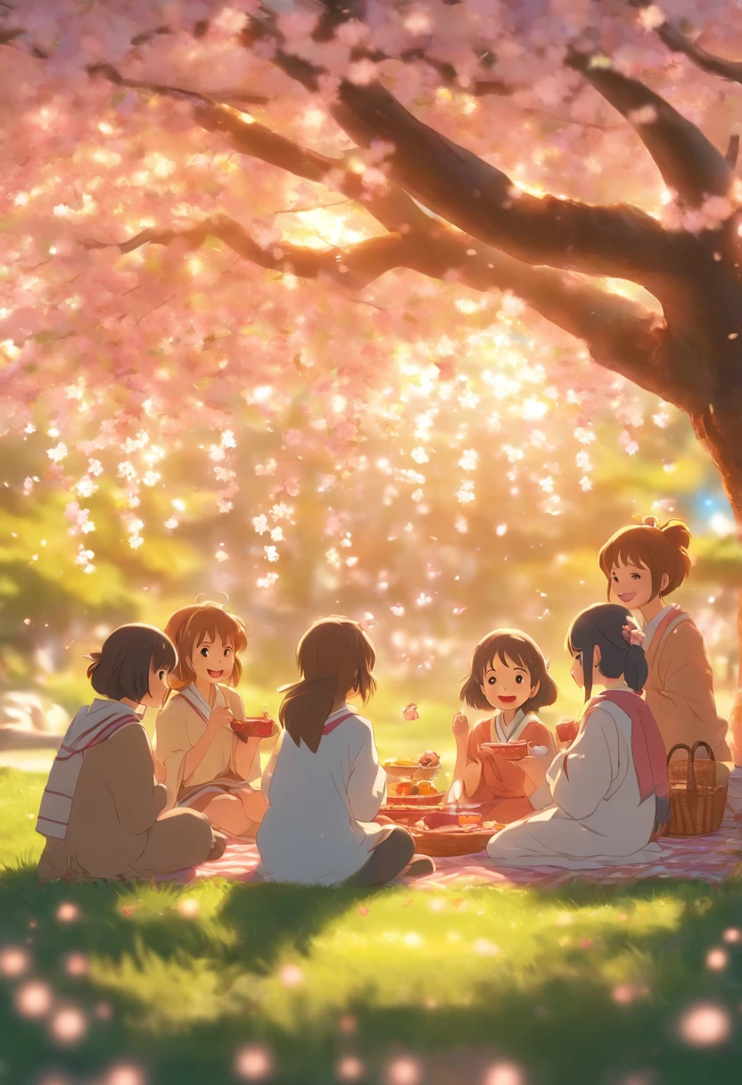 A cozy scene of a group of cute anime girls enjoying a peaceful picnic under a cherry blossom tree，Take Kyoto Animation and Studio Ghibli vividly、Realistic style presentation。