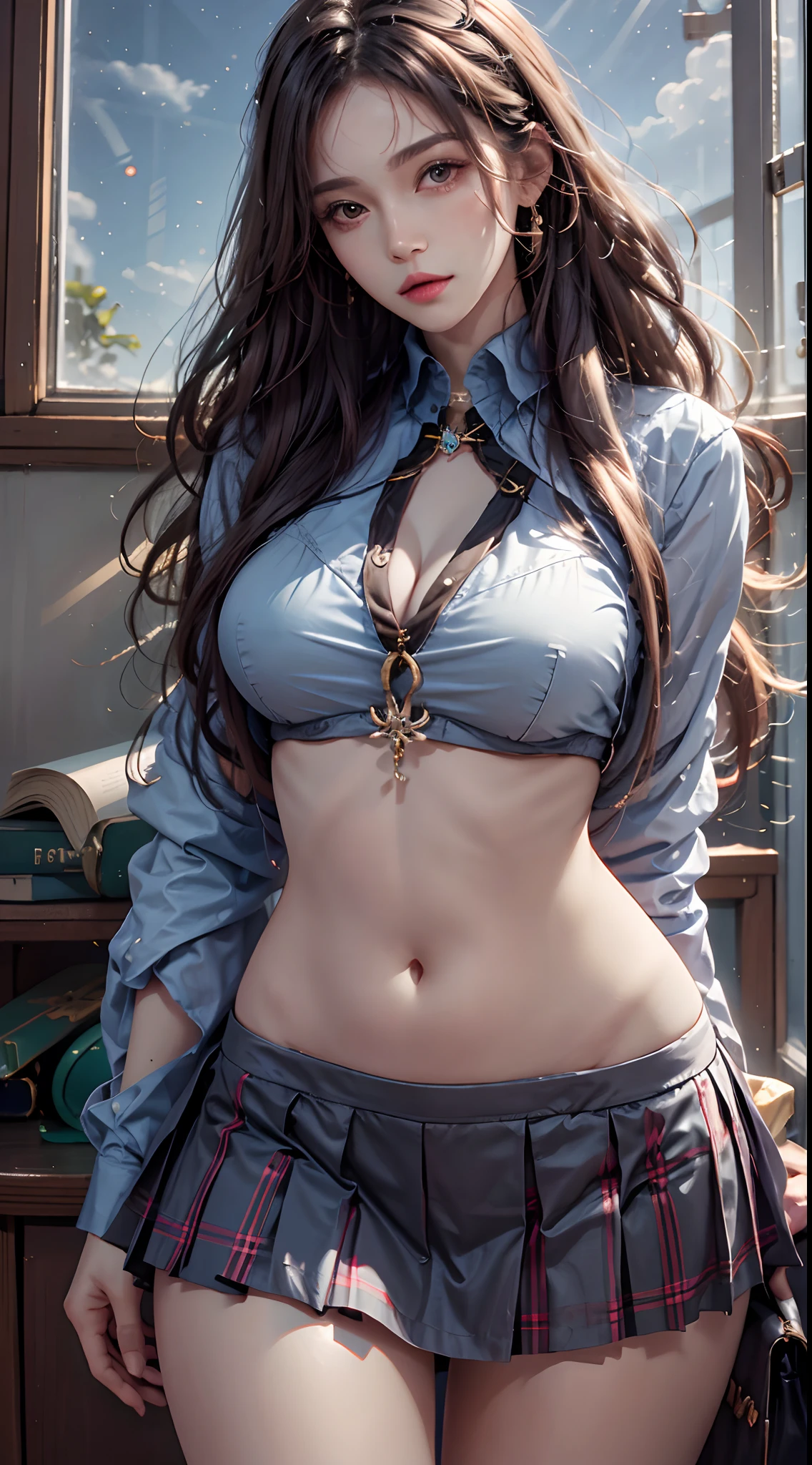 photorealistic, high resolution, 1women, mature female, solo, hips up, jewelry, wavy hair, long hair, school uniform