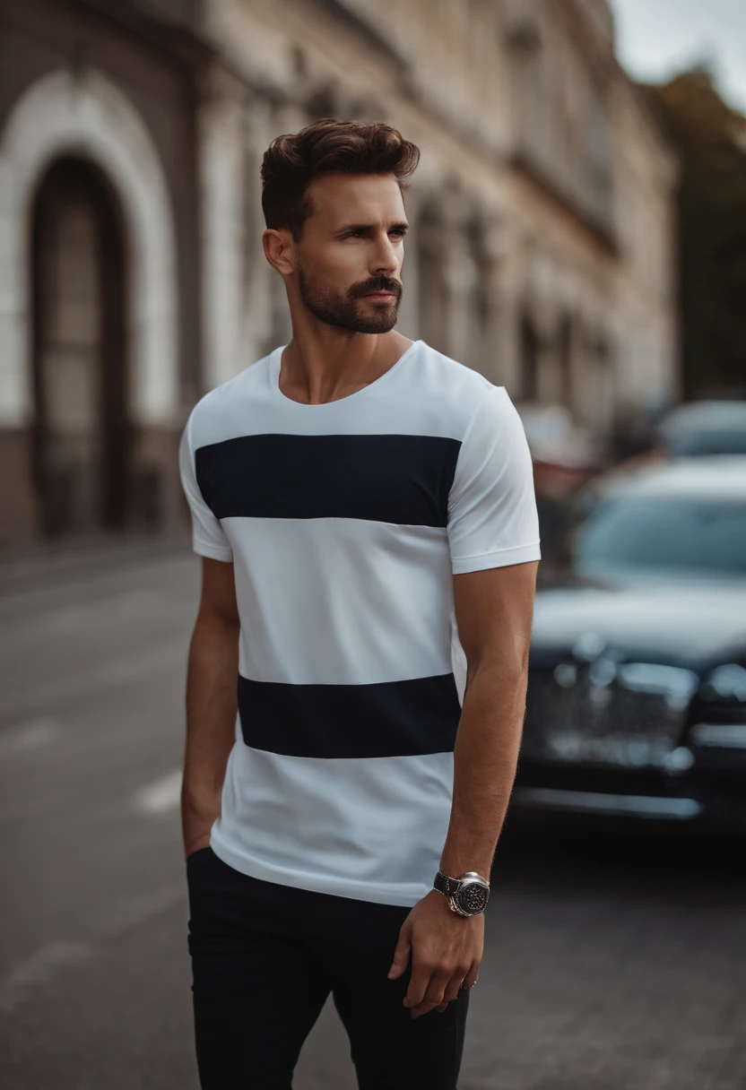 (T-shirt Mann weissen), ), (langer Bart tragen,) Attractive and serious appearance, dunkel braunes Haar, Stilvoll und tricou elegant, puternic, High quality and realistic image, im Hintergrund Skandinavische Wohnung mit blauer Wandfarbe, ( Best quality, 8K, Meisterwerk).