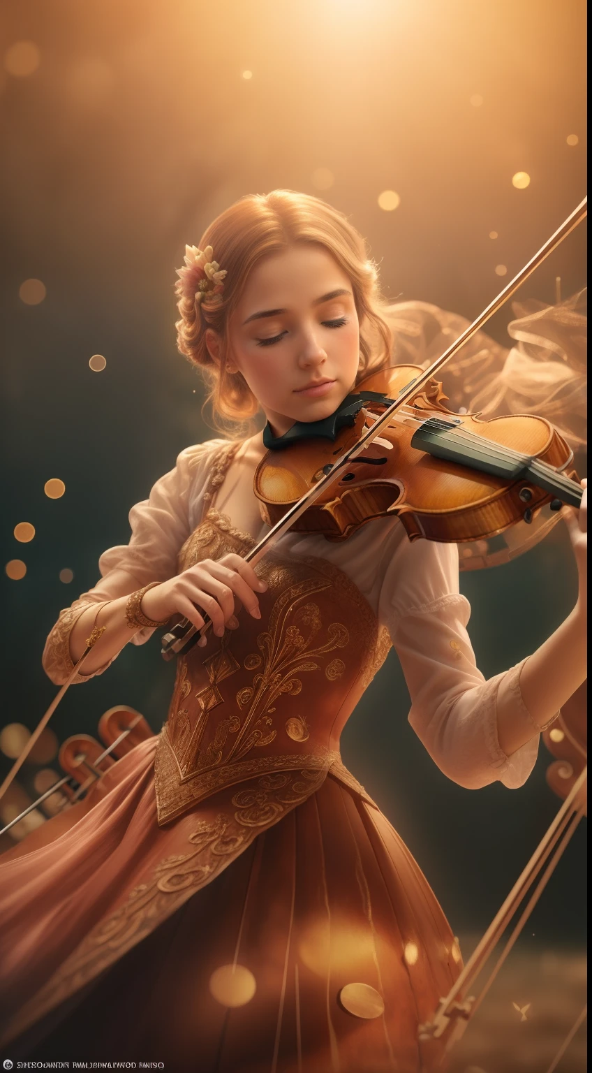 HDR 4K, 8k, Fantasyart, Stunning illustration, detalles preciosos, obra maestra ultra detallada, hiperdetallada, cuidadosamente detallada, (rostro perfectamente detallado), (manos perfectas:1.7), (Playing the perfect violin:1.3), perfect violin, Living Symphony": A prodigious violinist whose violin is made of magical wood that responds to her emotions. Cuando toca, The music materializes in colors and shapes that dance in the air, creating a unique visual and auditory spectacle.