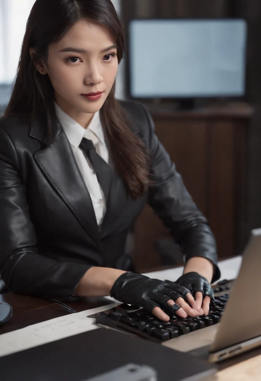 Wearing black leather gloves in both hands, upper body, black business suit, facing the desk in my room with a computer in the dark, tapping the keys of the computer keyboard with the fingertips of black leather gloves while looking at the screen, black hair bundled in the back for a long time, Japanese female new employee (black leather gloves cover both hands) (angle is in the front)