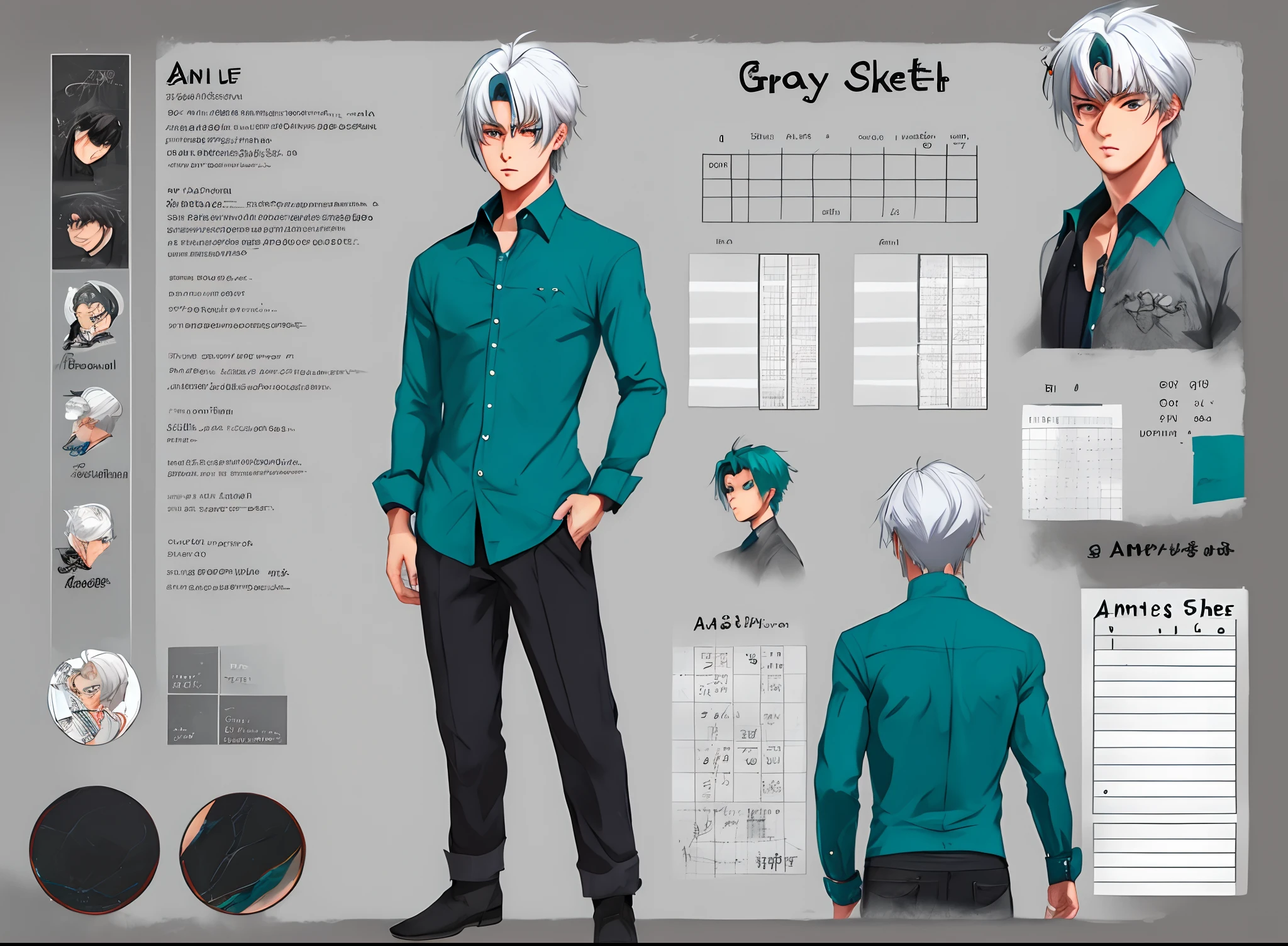 Character sheet,boy,grey hair,turquoise eye,black and turquoise shirt,animr style