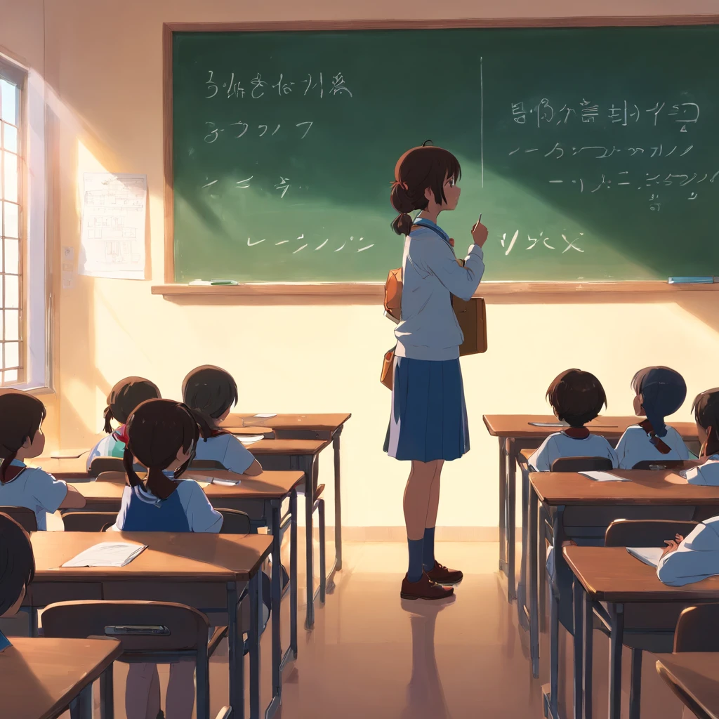 A silhouette of a volunteer,She is lecturing to children on the blackboard。The silhouettes of children listening carefully can also be seen。In the background is a bright classroom,The tables and chairs are basic,Show the spirit of selfless dedication of volunteers。